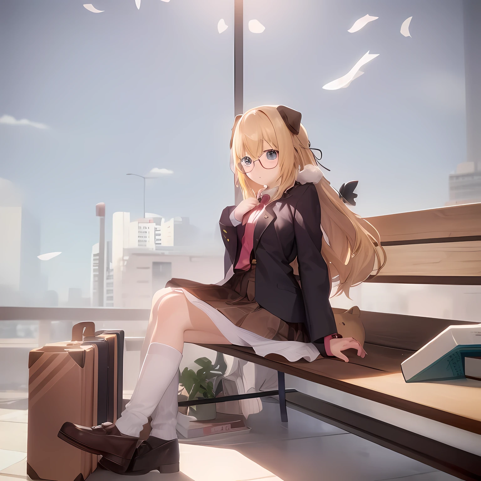 blonde anime girl with glasses and light brown school outfit sitting at a bench with a stack of books and suitcase, blue eyes, have cute brown dog ears, concern face, looking at camera, cinematic, render of a cute 3d anime girl, anime styled 3d, hanayamata, , anime moe artstyle, vrchat, anime style. 8k, render of april, shikamimi, schoolgir, ddlc, sat at a bench