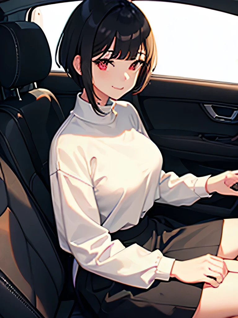 girl,dull bangs,short hair,big breasts,black hair,red eyes,smile,Side view,From above,dutch angle,White open-chested sweater,black long skirt,in the car,