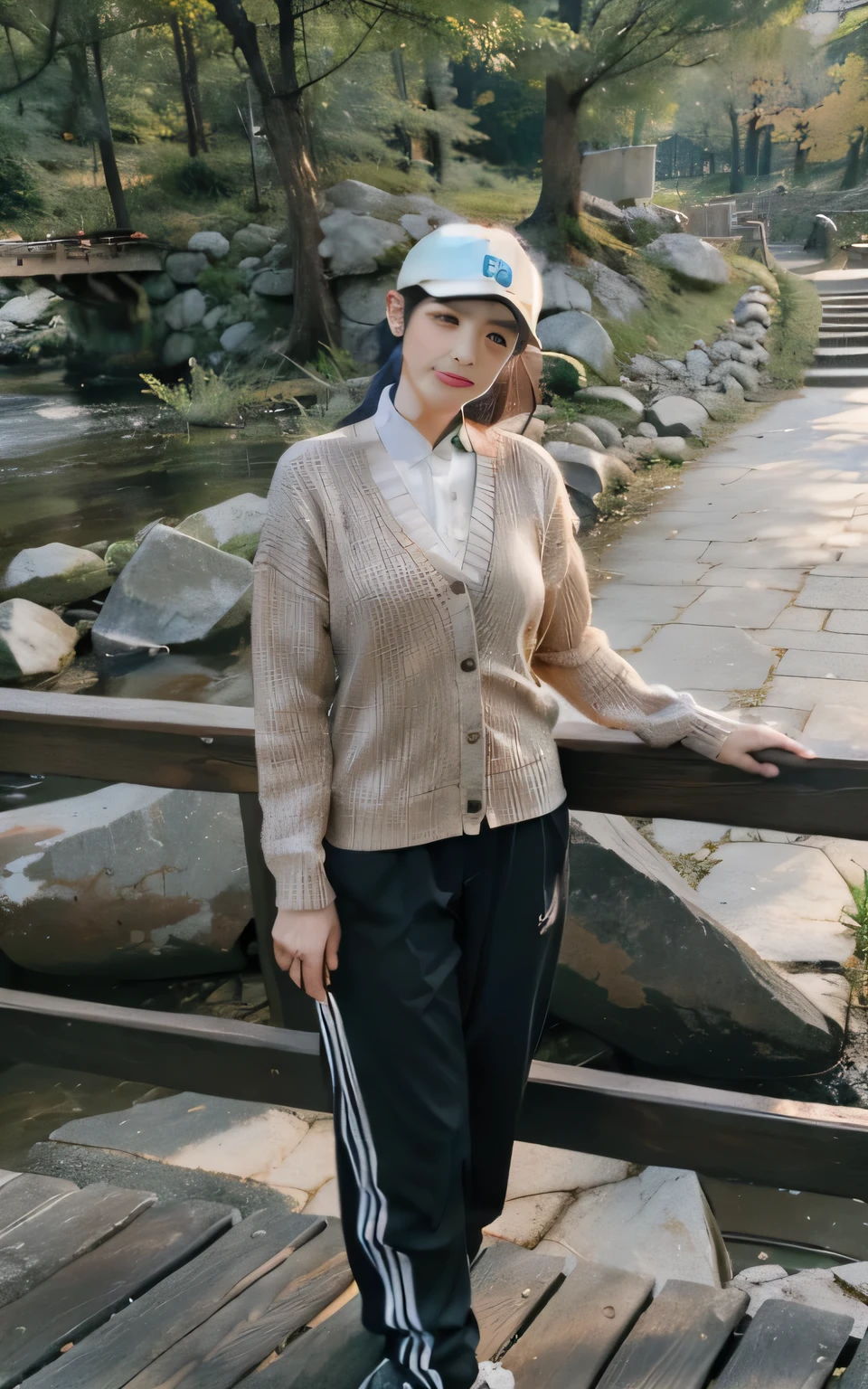 Woman standing on a wooden bridge，Lead the dog, Mountaineering clothing, Inspired by Ma Yuanyu, In the park, Tomorrow Tran Brothers, qiu fang, wearing a cardigan, wei wang, dress up as a fisherman 🧥, qifeng lin, Renze, wenfei ye, xintong chen, with mountains as background, Standing on the stone pose