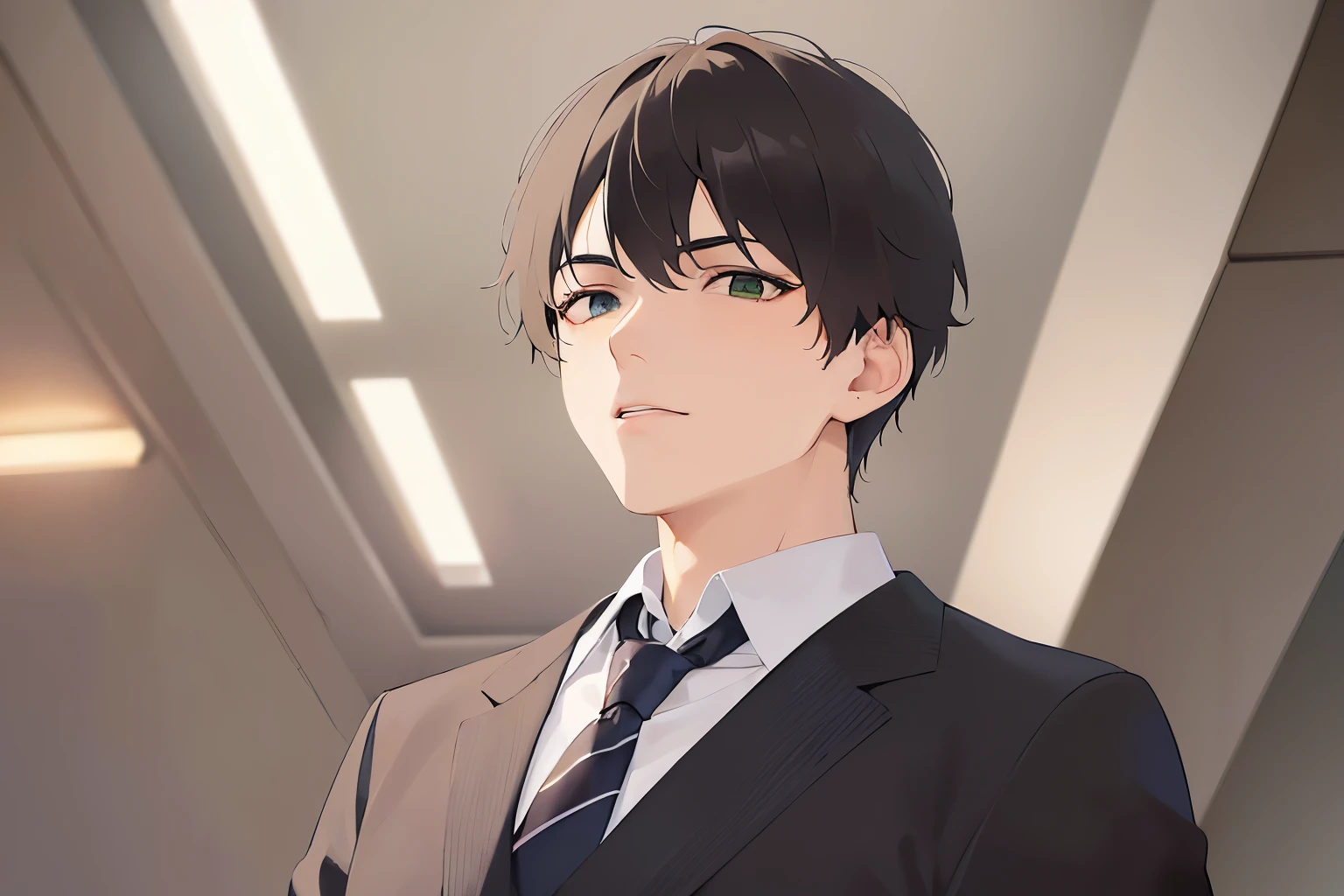 Shooting from below、masterpiece、highest quality、(25 year old male:1.5) and (brown short hair) and (green eyes), wearing a business suit、confused look, Are standing、The background is the hotel reception、(Alone:1.5)、Upper body is shown、