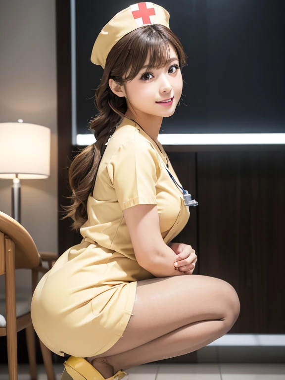 (table top, Photoreal:1.4, 8K), highest quality, masterpiece, ultra high resolution, perfect dynamic composition, Cute and sexy 22 year old Japanese nurse, big face, round face, sexy face:0.4, natural makeup,(distant eyes, blue eyes:0.8, Eyes that feel beautiful eros:0.85, small mouth, thick lips, A taste of beautiful eroticism:0.85),(light brown hair, french braid:1.1), Highly detailed skin and facial textures:1.3, tanned skin:1.2, slender body shape, Medium chest:1.2, shiny thighs:1.2, Detail of limbs, (laugh and completely charm you:1.0), (light yellow nurse costume:1.4, very small nurse cap, black pantyhose:1.25),  (Too cute beauty:0.9), hospital medical room, ((look at the camera)), ((Squat to the side:1.4)),(shot from the side:1.2)