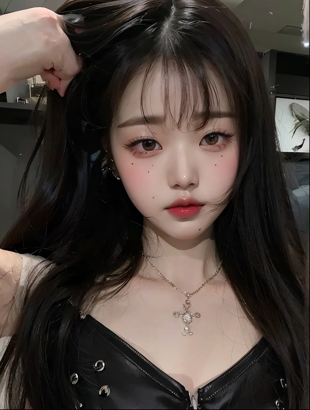 Un primer plano de una mujer con el pelo largo y pelinegro, Wonyoung de IVE, Retrato de Wonyoung de IVE, Wonyoung de IVE, Jang Wonyoung de IVE, maquillaje popular de Corea del Sur, Wonyoung de IVE, Retrato Wonyoung IVE, Tono de piel rosa pastel, Wonyoung de IVE, maquillaje coreano popular