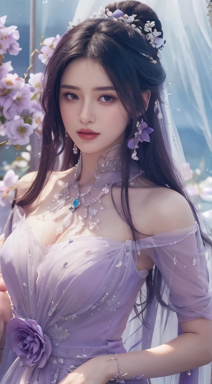 Very beautiful woman in a purple dress with flowers and a veil, beautiful woman, beautiful fantasy maiden, beautiful alluring woman, beautiful girl, a beautiful empress, beautiful gorgeous , ((a beautiful empress)), very beautiful