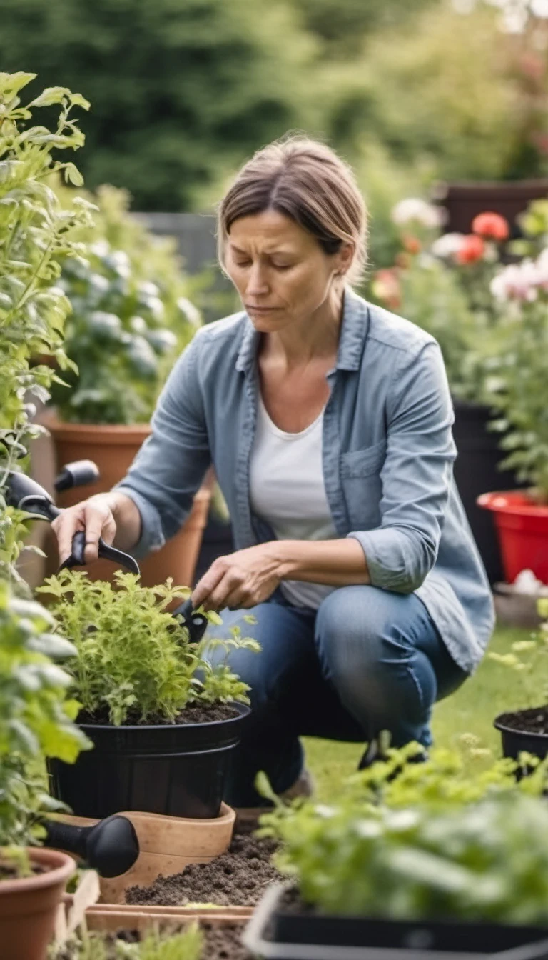 Busy mom working in the garden, looking tired. Highly realistic HQ image 8k