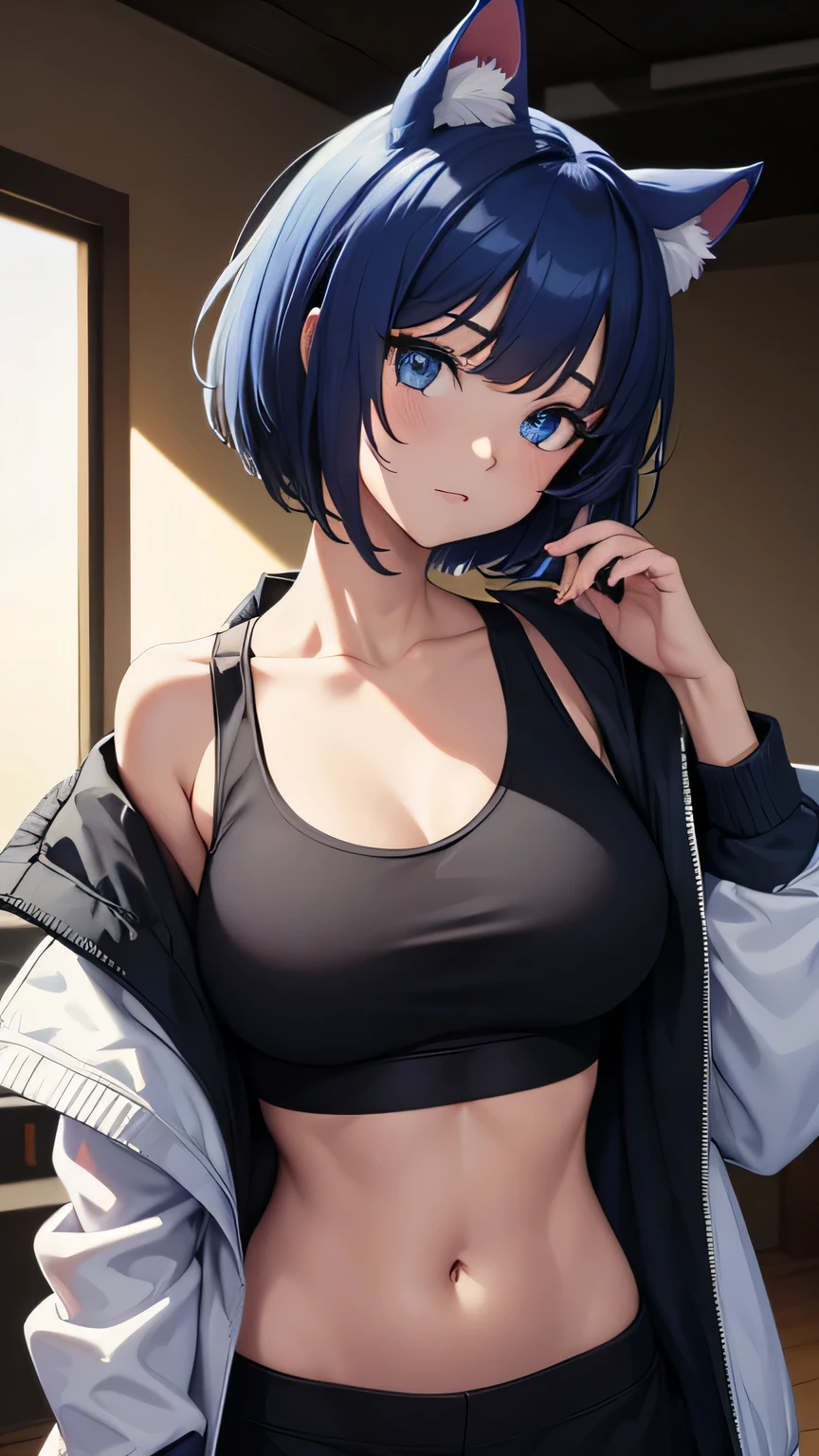 masterpiece:1.2, high quality, 最high quality, be familiar with_background,indoors,High resolution,there is nothing (solution 1988),black Jacket,Upper body,open clothes,disorganized,blue eyes,open Jacket,gradient background,looking at the viewer,play sports often,1 girl,short hair,bare shoulders,alone,animal ears,blue hair,Jacket,crop top,off shoulder,head tilt,Cat ear,big breast