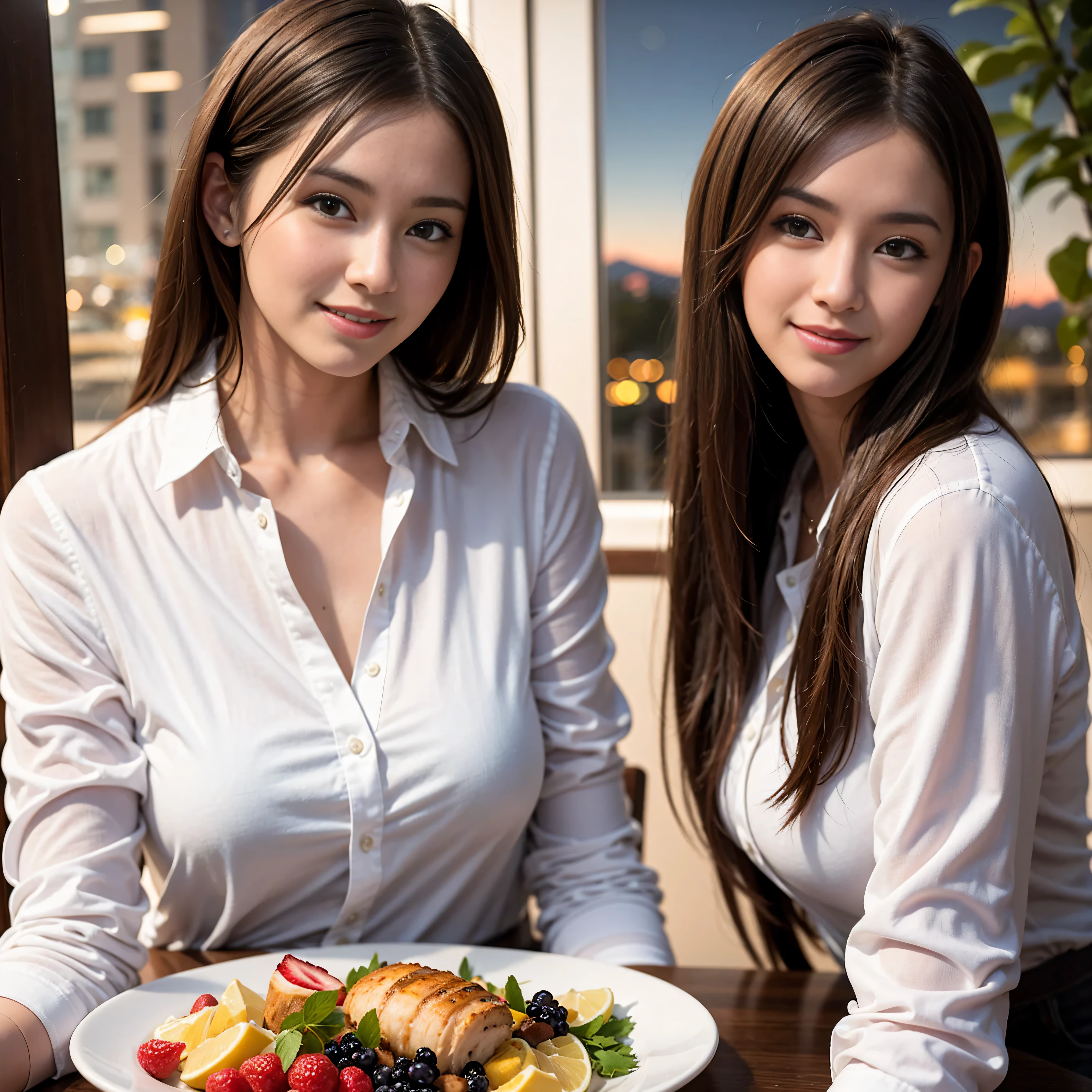 K, Hmm, highest quality, masterpiece: 1.2), (realistic, photorealistic: 1.37), Spectacular view of the sunset sky and clouds、Amazing mountain views、slimな美女3名, (slimフェイス),Happy、 最高なsmile、Fox face、Berry Short、(because I'thin), (brown hair), (shortcut), long sleeve shirt、winter fashion、Colombian、Brazilian、Japanese、Dutch、German、Portuguese、Belgian、Italian、French,Champagne、sparkling wine、 (Squirting), (slimボティ), (brown hair), (shortcut), neat beauty、cheeks turn a little red, (35 years old), 38 years old, alone, A beautiful and detailed night view spreads out outside the window......., restaurant, wine glassが座っている, At night, in a prominent place (from the Upper body) nova frog style, actress, model, Upper body, White wine, slim, wine glass, Very beautiful night view, wine glass Put in the Middle, Happy smile, (smile: 1.15),