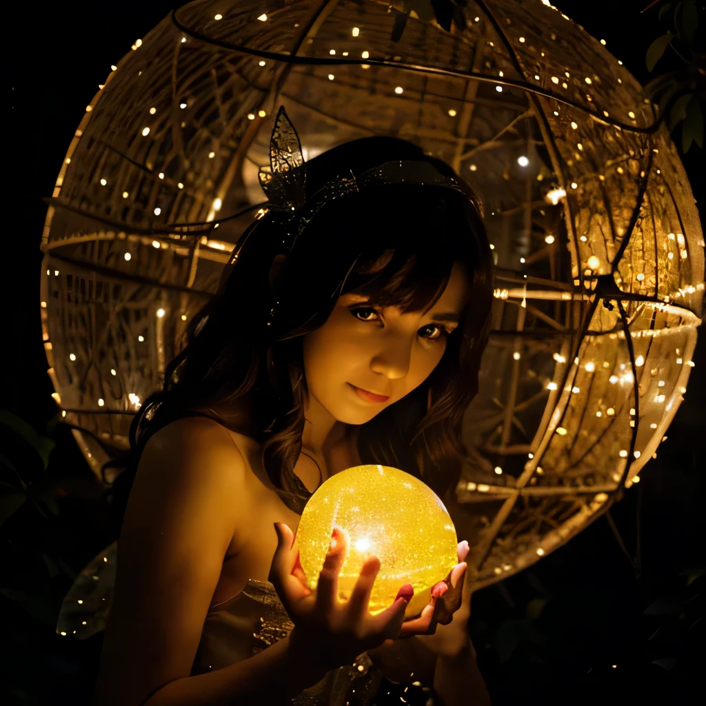 Fairy with bright glowing ball at night ball