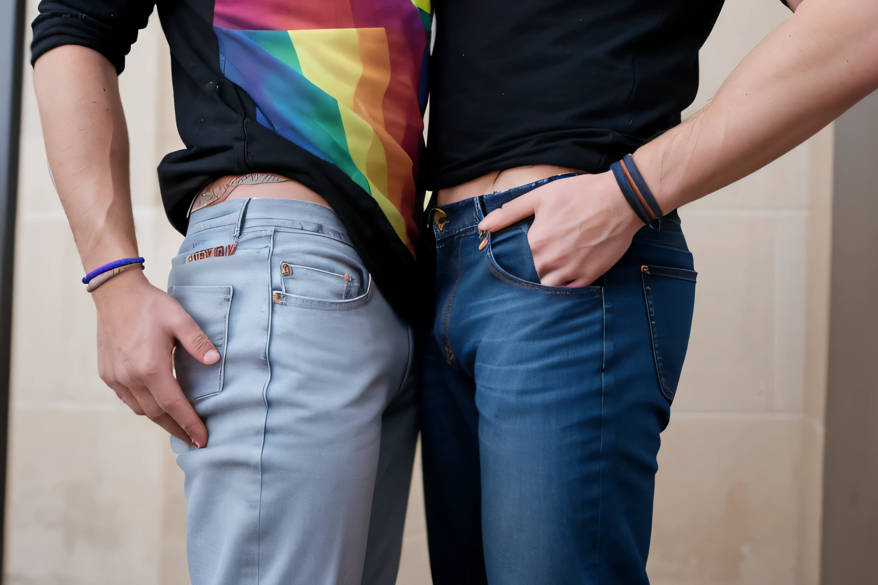 a male catch other male hand and their hand have rainbow hand band .They are wearing      dress like casual men and jeans pant and they are stand.They are gay.and there have shanery.A rectangle picture make 