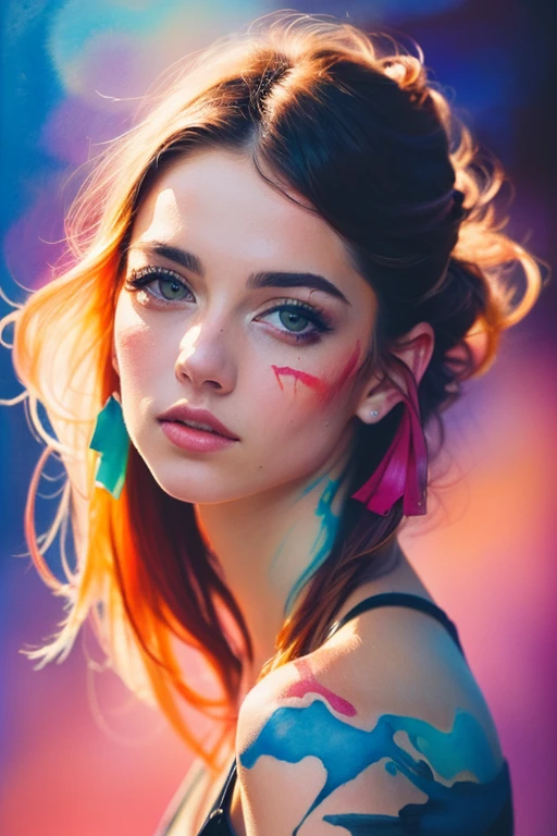 (8k, best quality, masterpiece:1.2),(best quality:1.0), (ultra highres:1.0), watercolor, a beautiful woman, shoulder, hair ribbons, by agnes cecile, half body portrait, extremely luminous bright design, pastel colors, (ink:1.3), autumn lights