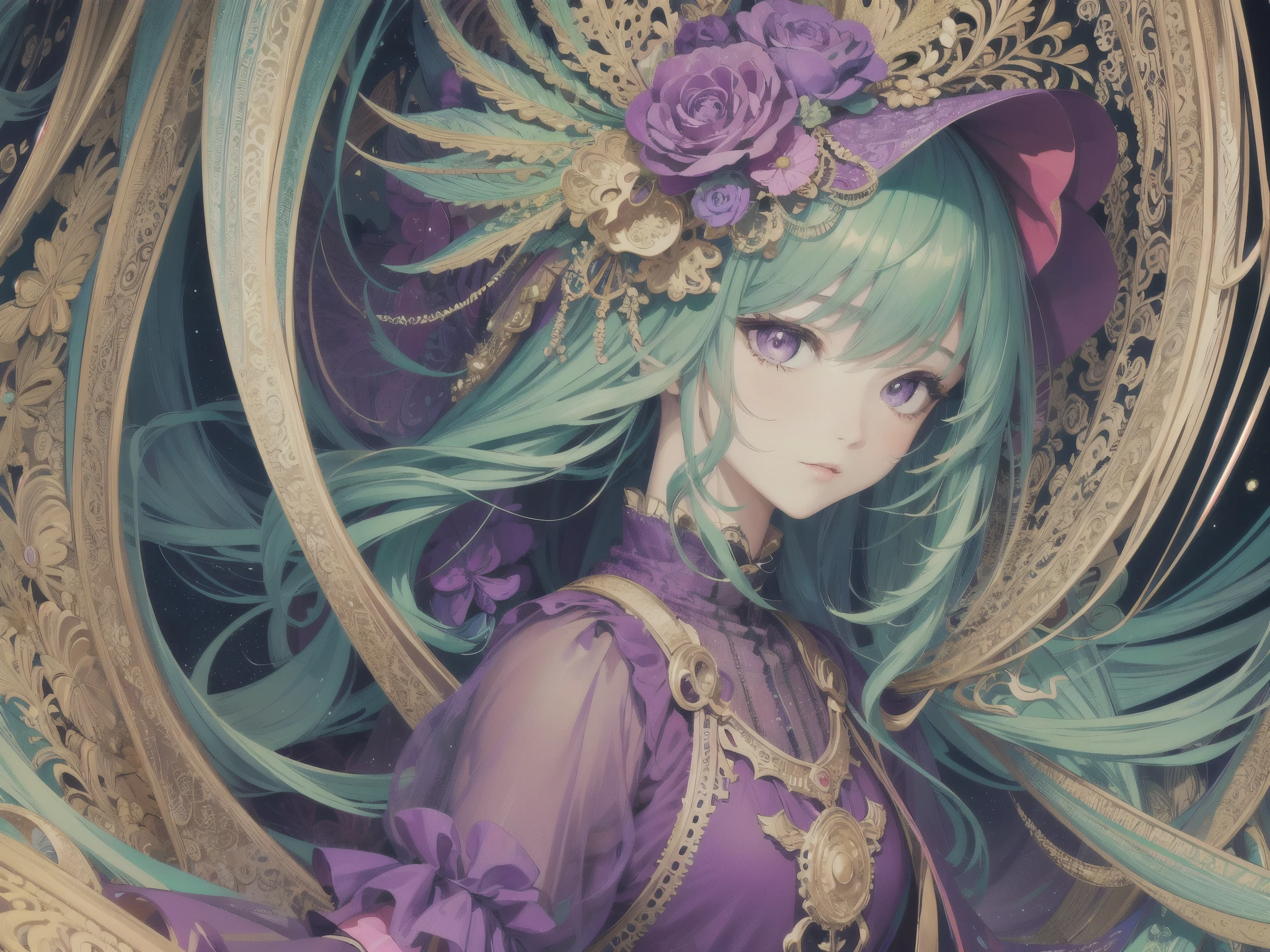 (masterpiece, highest quality, highest quality, official art, beautiful and aesthetic:1.2), (1 girl), very detailed,(fractal art:1.3),colorful,most detailed、green hair、purple eyes、colorful art、Bright petals dance