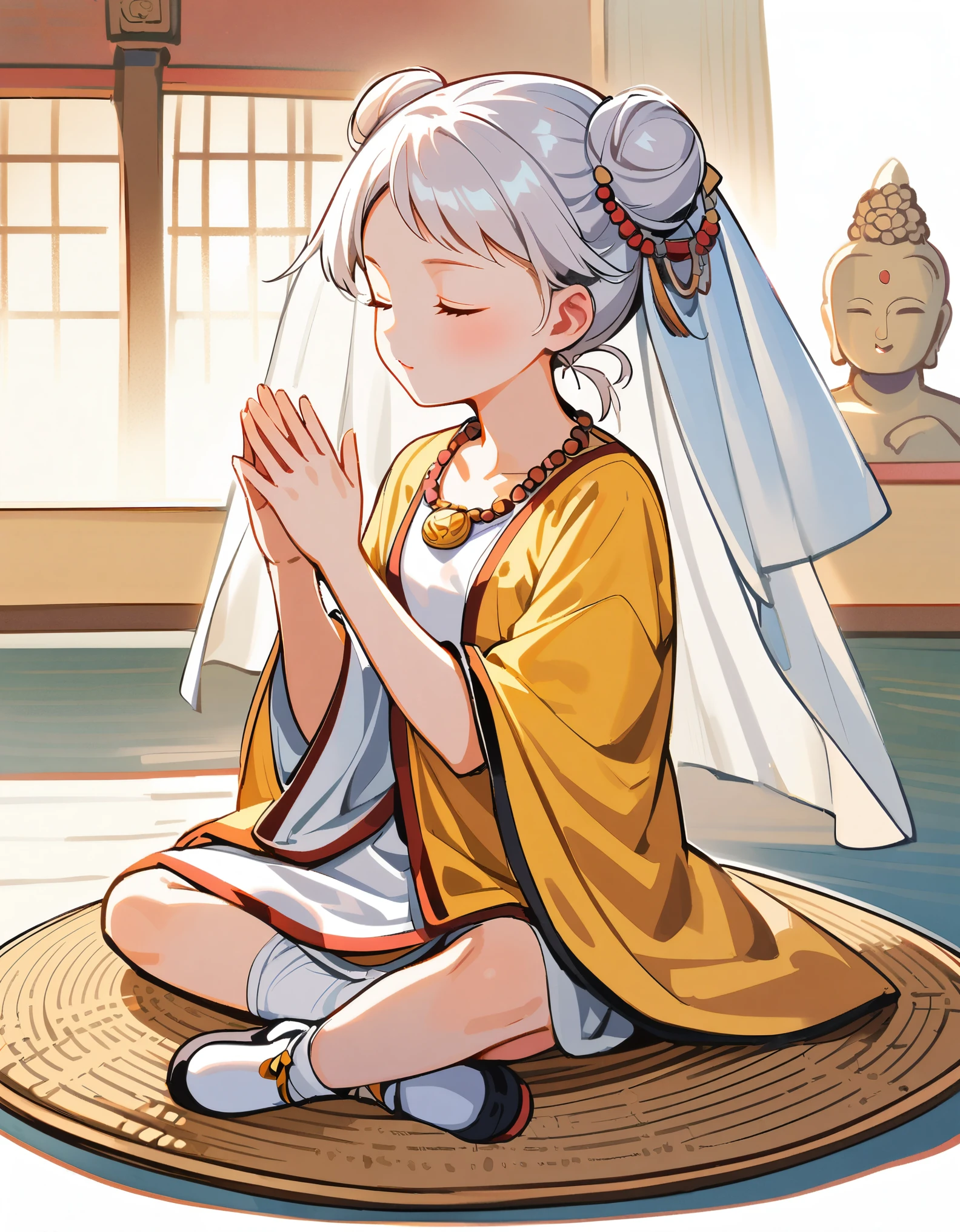 (1 female Bodhisattva:1.4) sitting on Round straw mat, (indian style:1.3), sitting in straw mat, (Round straw mat:1.3), (Meditation position:1.3), (Raise hands, crossed hands, Prayer position:1.3), dignified and beautiful, wearing (white silk Buddha clothes:1.3), (white silk:1.3),has (white hair:1.2), (bun:1.2), french braid,white transparent veil, futon, closed eyes, jewelry, necklace, (Buddha beads:1.2), (White cloth shoes), White socks, (eromanga:1.2), (megami:1.2)