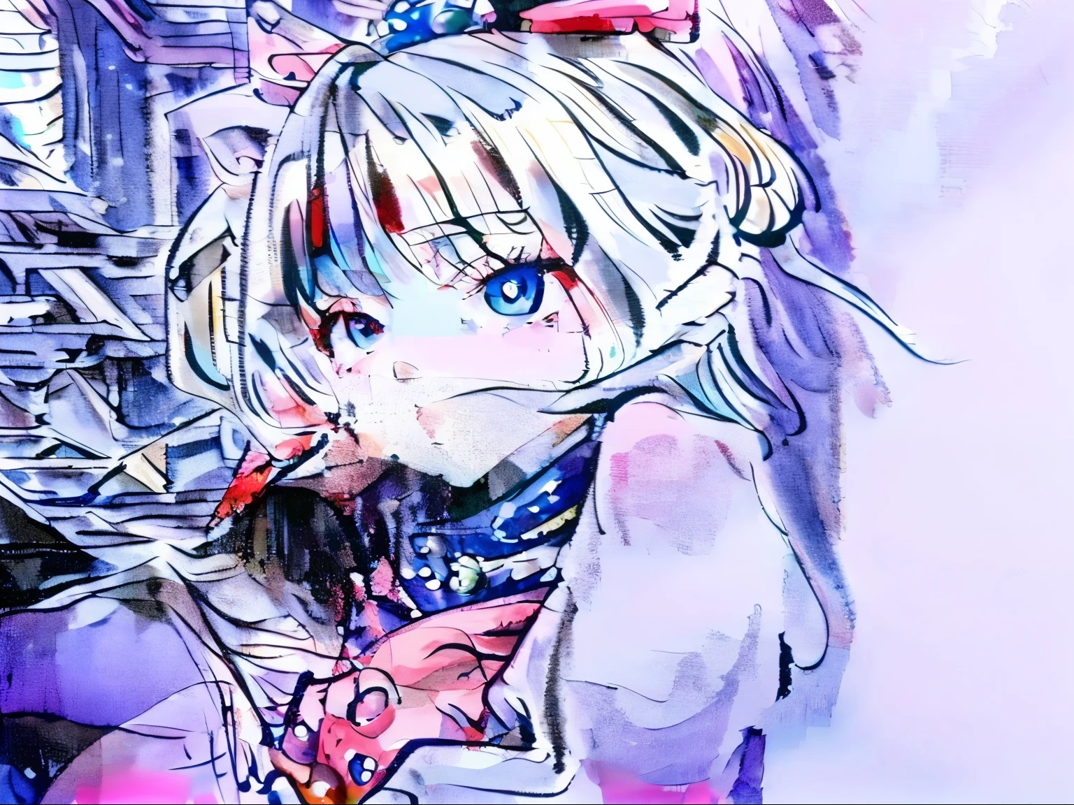 Blonde girl with blue eyes, with a red bow in her hair, against the background of a silver palace, dressed in Chinese traditional clothes, in the style of Japanese anime of the 90s.