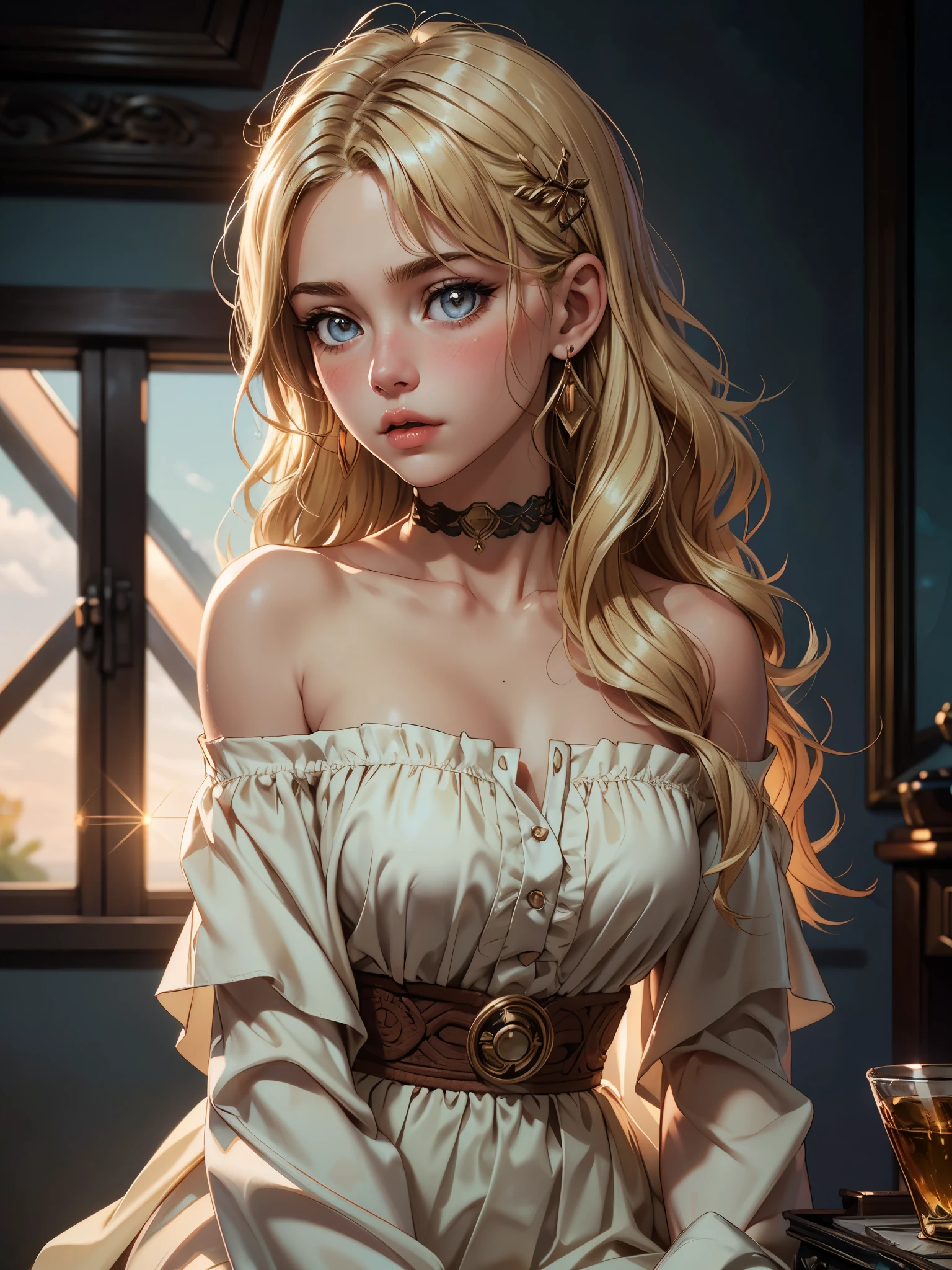 realistic, best quality, 8k uhd, dslr, soft lighting, high quality, film grain, Fujifilm XT3, intricate detail, depth of field, 20 years old girl, sitting, (lens flare, backlight:1.2), (blonde, long wavy hair), earrings, hair ornament, off shoulder,  blush, choker, looking at viewer, flash,
