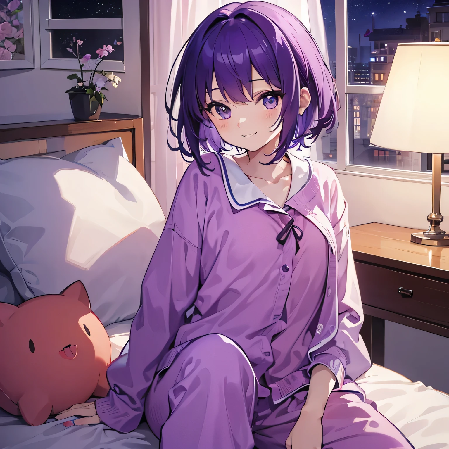 (T Masterpiece，4k wallpaper，best quality))、((girl１people))、(solo)、Shining and vivid，(purple hair)、(shortcut:1.3)、smile、Bedroom、pajamas、night