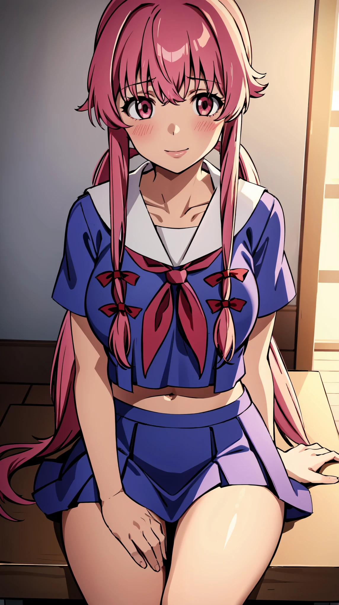 1girl, breasts, pink_hair, skirt, solo, blush, school_uniform, looking_at_viewer, sitting, cleavage, pink_eyes, long_hair, pleated_skirt, indoors, sweat, collarbone, navel, large_breasts, shirt, bra, blue_shirt, smile, short_sleeves, neckerchief, thighs, bangs, twintails, midriff, serafuku, closed_mouth, blue_skirt, red_neckerchief, underwear, sailor_collar, lips