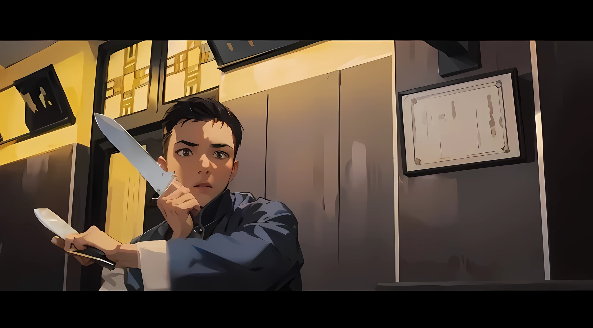 Best quality, very detailed, background matches the picture, anime boy, holding a knife, anime face, handsome 