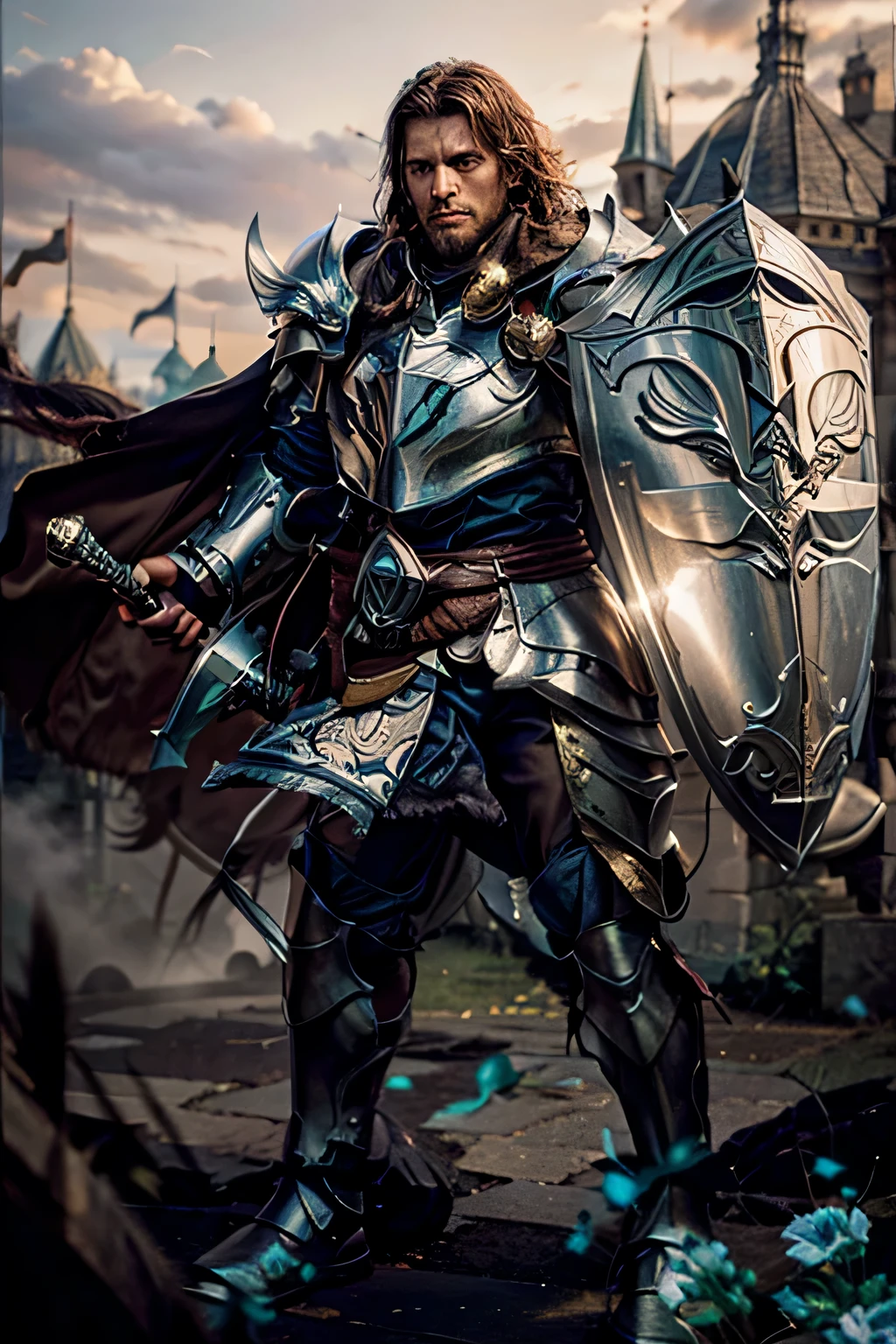 a photo image of a man in armor holding a sword and shield, male paladin, castle in the background, a human male paladin, hyper realistic, ultra detailed, epic, masterpiece, hi res