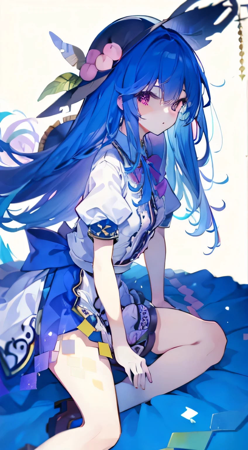 (masterpiece),best quality, expressive eyes, perfect face,sit, sit on ground, legs on the ground, 1girl,
big breasts, H cup, Good breasts, Put your hands on your waist,Fair, Gorgeous,japanese manga,girl,Laura,young angel, blue hair, blue haired,tent , tent chest, tent breast, floating clothes,flat chest,bad milk,Nagiko Fujisaki,blue hairs,long, straight hair,long hair,