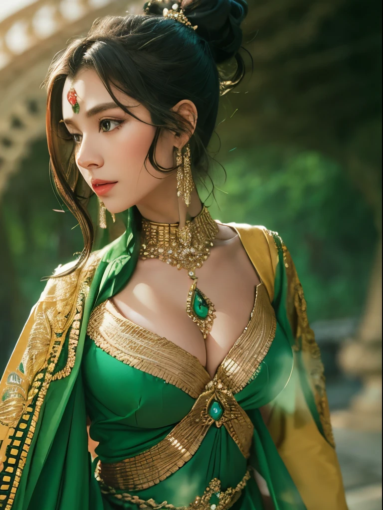 Close up of woman wearing green dress with ponytail, aladdin princess, princess jasmine,Disney