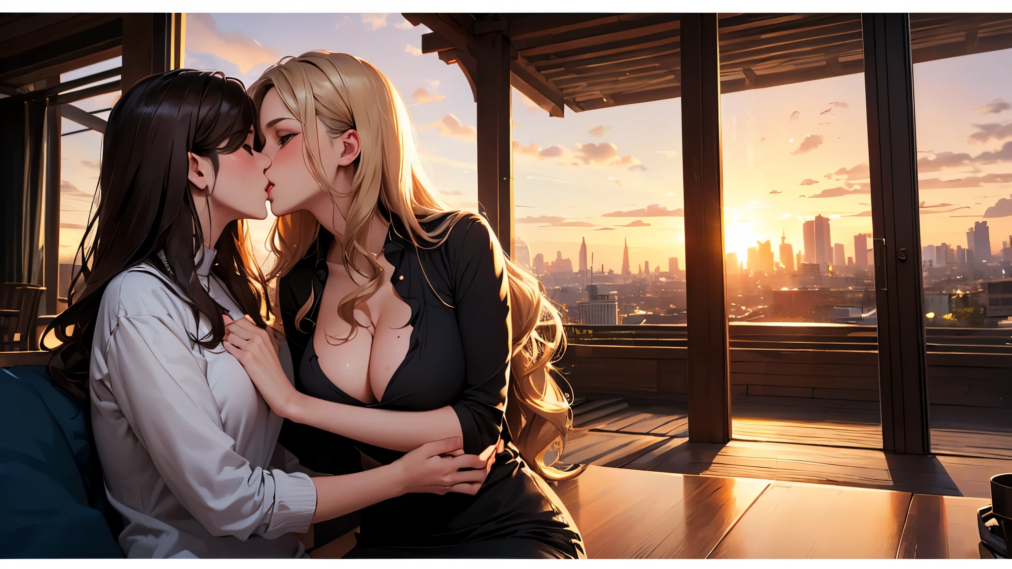 (((best quality))),masterpiece,ultra high resolution,(ultra high definition),(movie quality:1.3),(movie lighting),(low light environment:1.4),Female couple kissing in suburban woman at sunset, (SFW) Work, kissing together cutely, (((Girl Love Art))), OPPEIN, Side milk, Slightly saggy big breasts, small breasts, (((Very long wavy blonde hair))), (((Straight brown hair with side bangs))), (girl love kiss), The mouth is very detailed, (girl love hug), touch her hand, touch her clothes, touch her breasts, (((Hands touching her breasts))), sit on lap, Long hair fluttering in the wind, SFW version