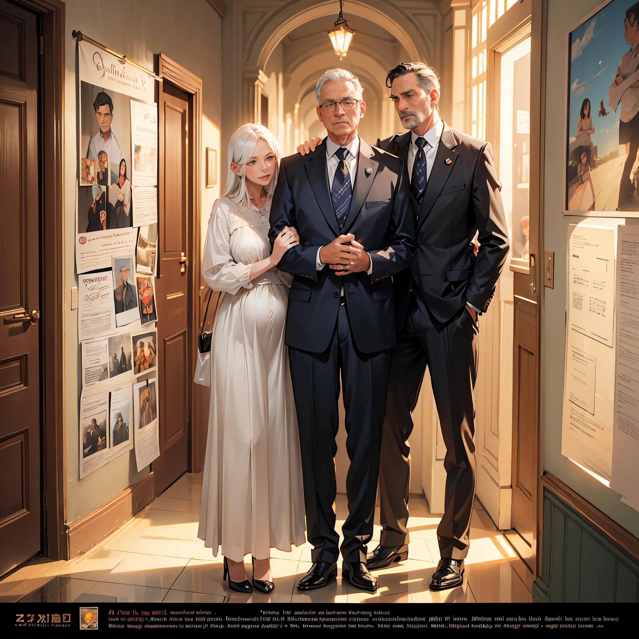 Realistic old man in black suit and tie talking to an elderly black maid The background of the image should be the door of a bathroom inside a theater --auto --s2