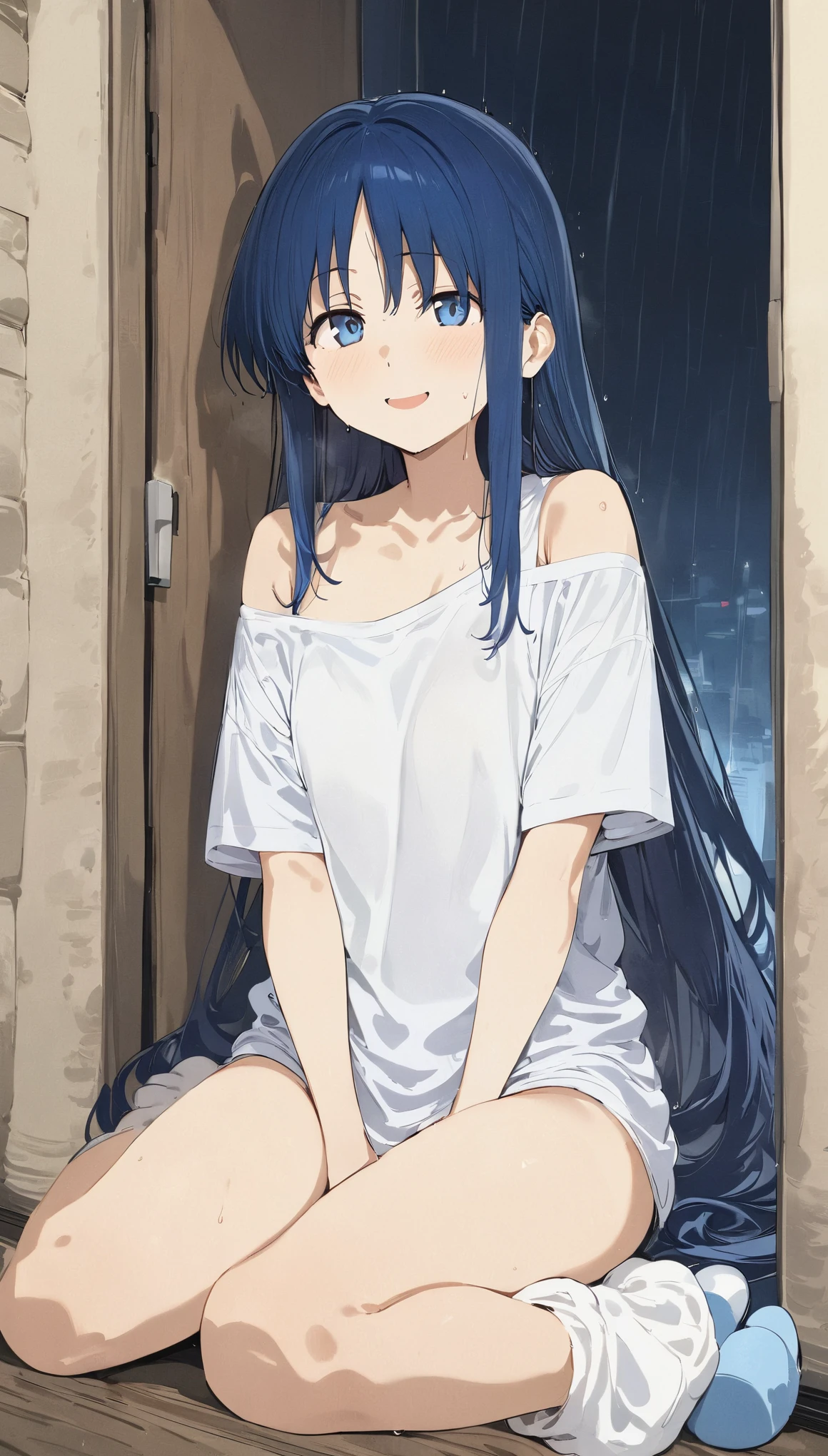 (masterpiece, best quality:1.2), 1 girl, slippers, alone, blue_Eye, sitting, Smile, window, watching_exist_audience, leave_Shoulder, white_shirt, blue_hair, white_sock, closure_Mouth, Bangs, loose_sock, existindoor, knee_Together_foot_separate, only_Shoulders, night, full_Body, short_sleeve, rain, only_leg, wexister_reduce, Very_long_hair