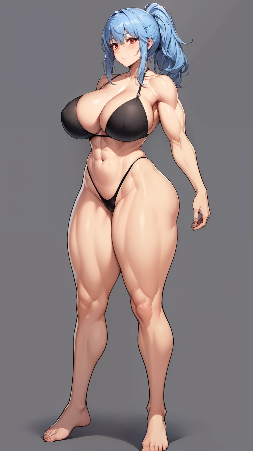 Amazon Woman, slim buT muscular body, huge breasTs, long legs, blue hair, ponyTail hairsTyle, red eyes, i Don'T'Don'T have shoes, combaT uniform, 8K, hd, masTerpiece, full body, whiTe background, full body shoT, maTure woman, maTure woman, generous waisT circumference, big ass, plus size model,