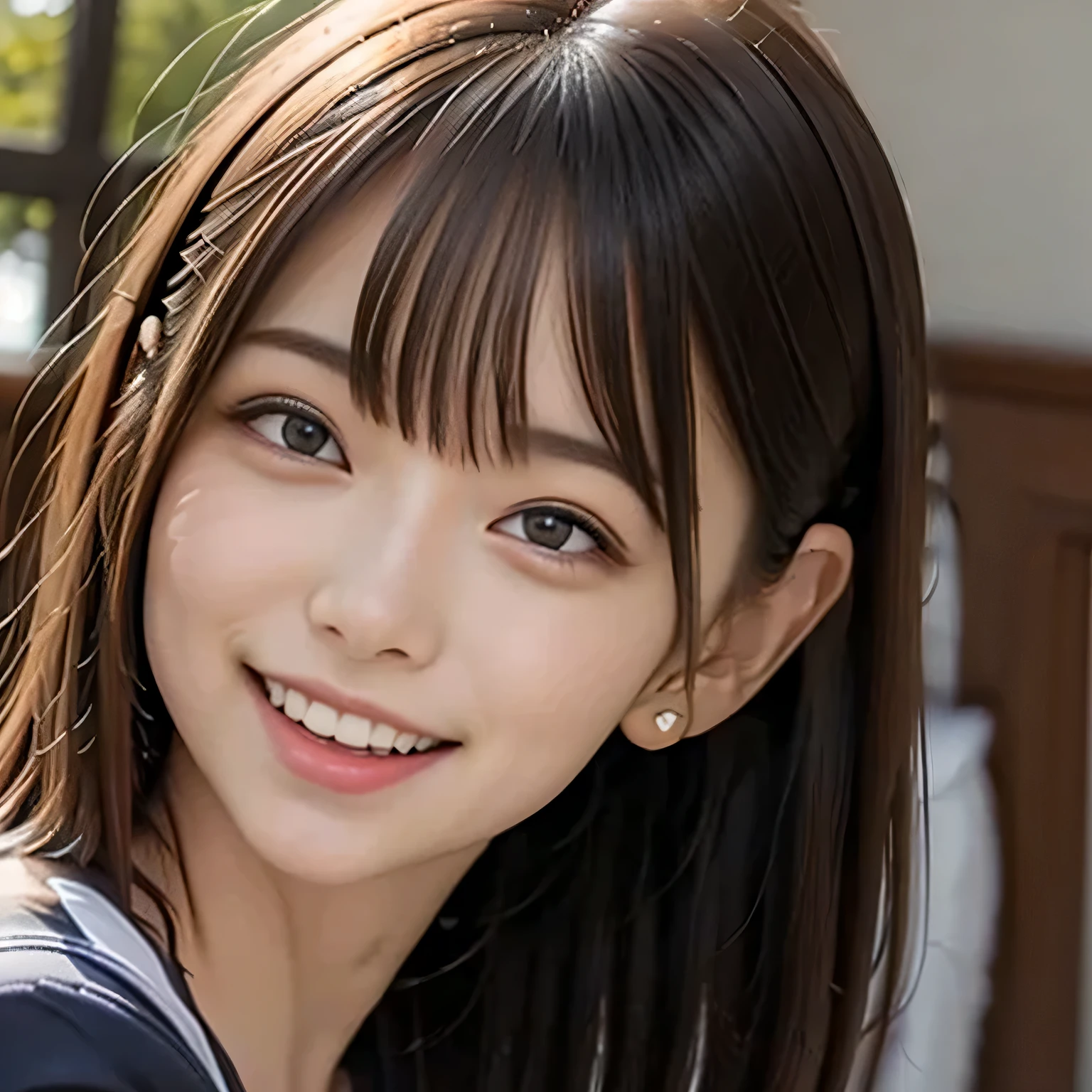 (Photoreal:1.4), (Super detailed), (highest quality), (best shadow), (masterpiece), ultra high resolution, 1 girl, (alone), bob hair, (pink silk blouse:1.2), (big breasts), smile, Upper body, Depth of written boundary, With background: (living room)