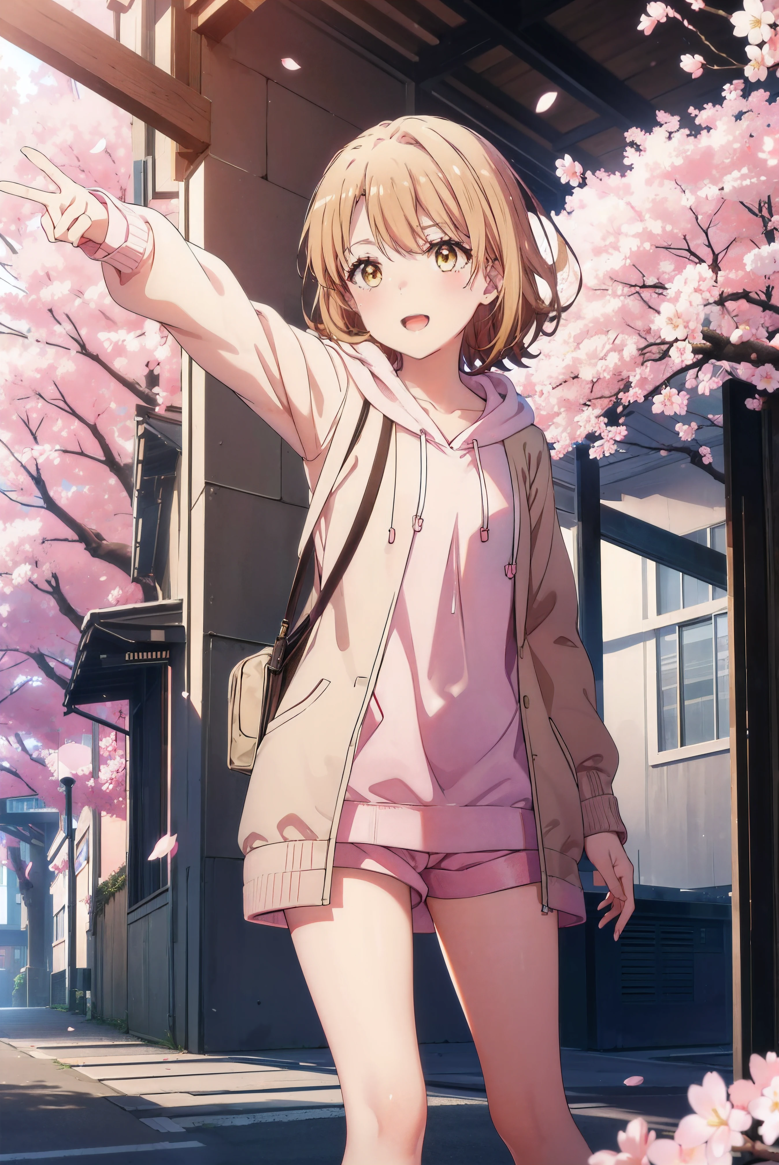 Color color, Iroha one style, short hair, brown hair, (brown eyes:1.5), blush,Smile,open mouth,Peace sign on mouth,Pink hoodie wearing hood,shorts,yellow bodysuit,short boots,stand with one's back against the wall、cherry blossoms in bloom,cherry blossom scattering,pink landscape,
rest indoors, Sakura Boulevard,
rest looking at viewer,
rest (masterpiece:1.2), best quality, High resolution, unified 8k wallpaper, (digit:0.8), (Detailed and beautiful eyes:1.6), The facial details are very rich, perfect lighting, Very detailed CG, (perfect hands, perfect anatomy),