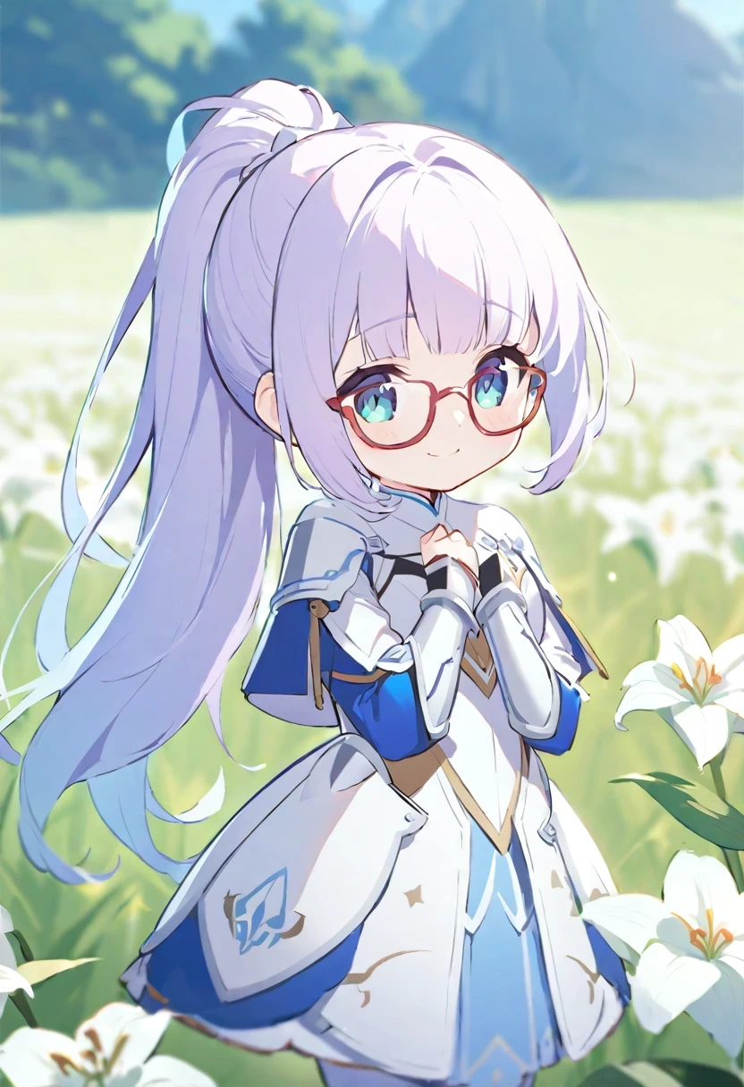 (((shy lily))),  majestic knight with ponytail, wear glasses, Standing in the middle of field background, Plus some knight armor(0.7) attractive to her. She has medium long hair，charming smile