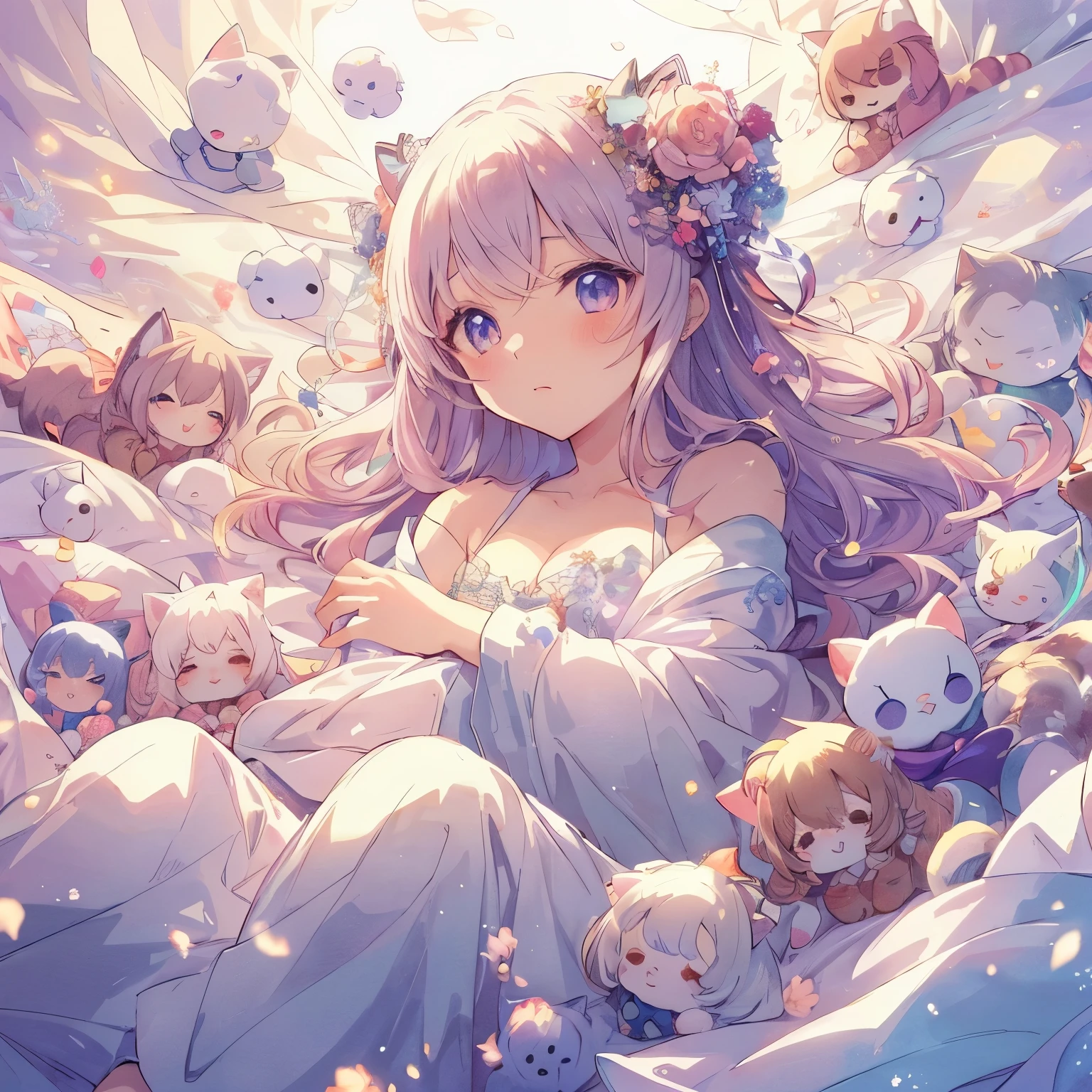 Anime girl surrounded by stuffed animals on a bed with white sheets, soft anime illustration, anime fantasy illustration, beautiful anime artwork, Gweiz on pixiv artstation, Trending on Art Station Pixiv, beautiful anime art, Gweiz on artstation pixiv, cute detailed digital art, beautiful fantasy anime, very beautiful anime cat girl, Gweiz