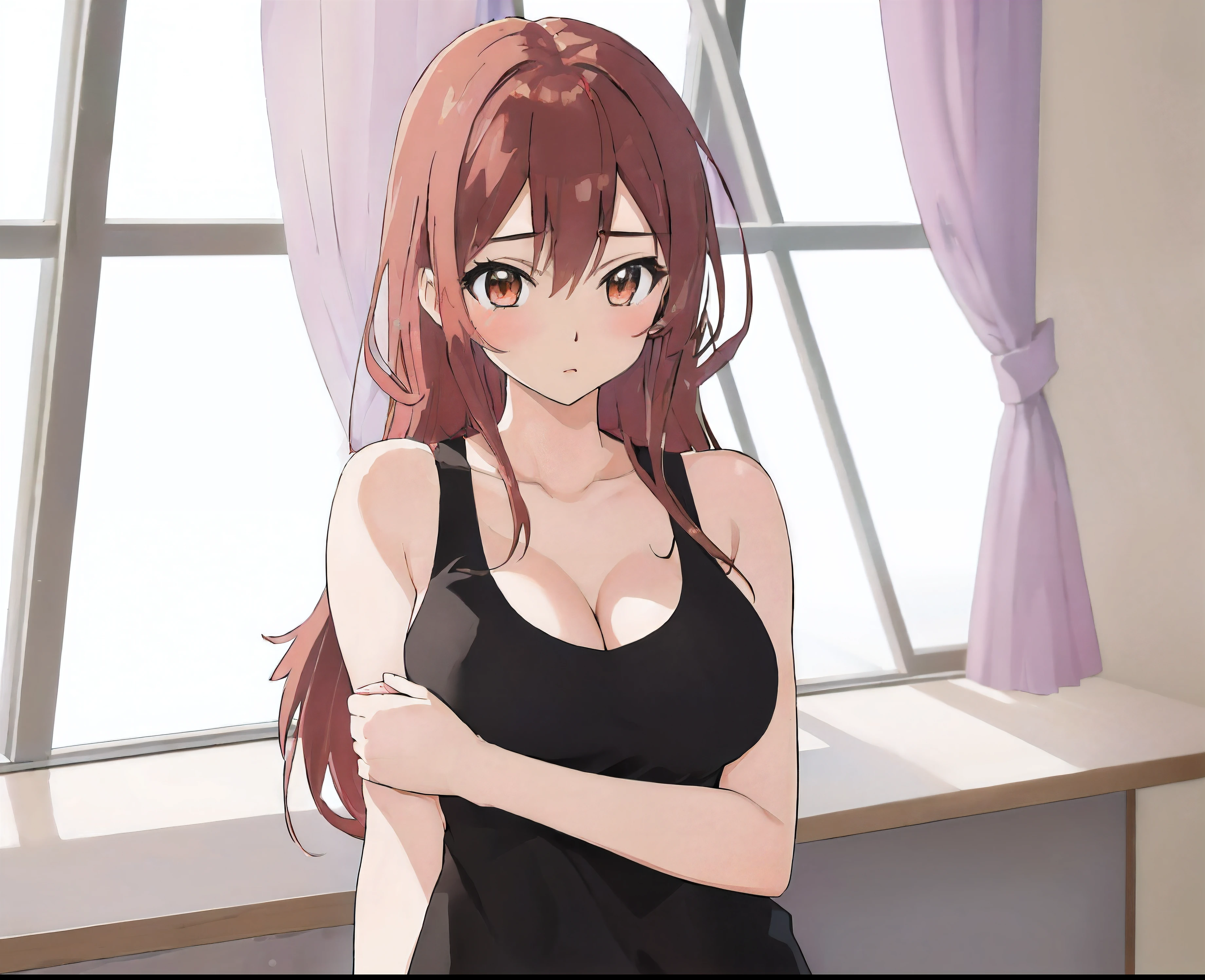 レッドの髪のアニメのgirl, girl, classic girl, , girl, girly romance, official art, ポニーテール髪のgirl, セミロングヘアーの赤髪のgirl, big breasts, big breasts, artistic, clothing:black vest, anime dick!!!!, Upper body only, standing, girlが見つめている, Hino Rei as princess,