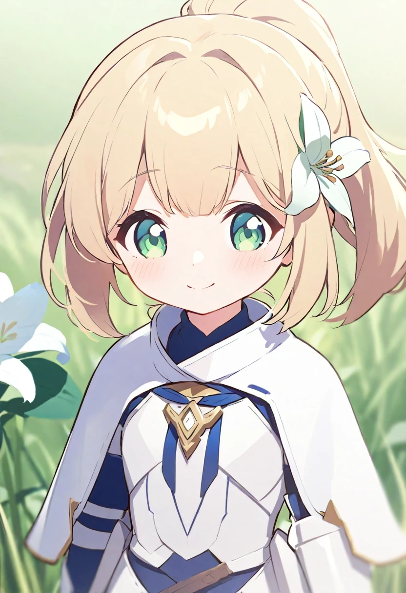 (((shy lily))), majestic knight with ponytail, wear glasses, Standing in the middle of field background, Plus some knight armor(0.7) attractive to her. She has medium long hair,charming smile
