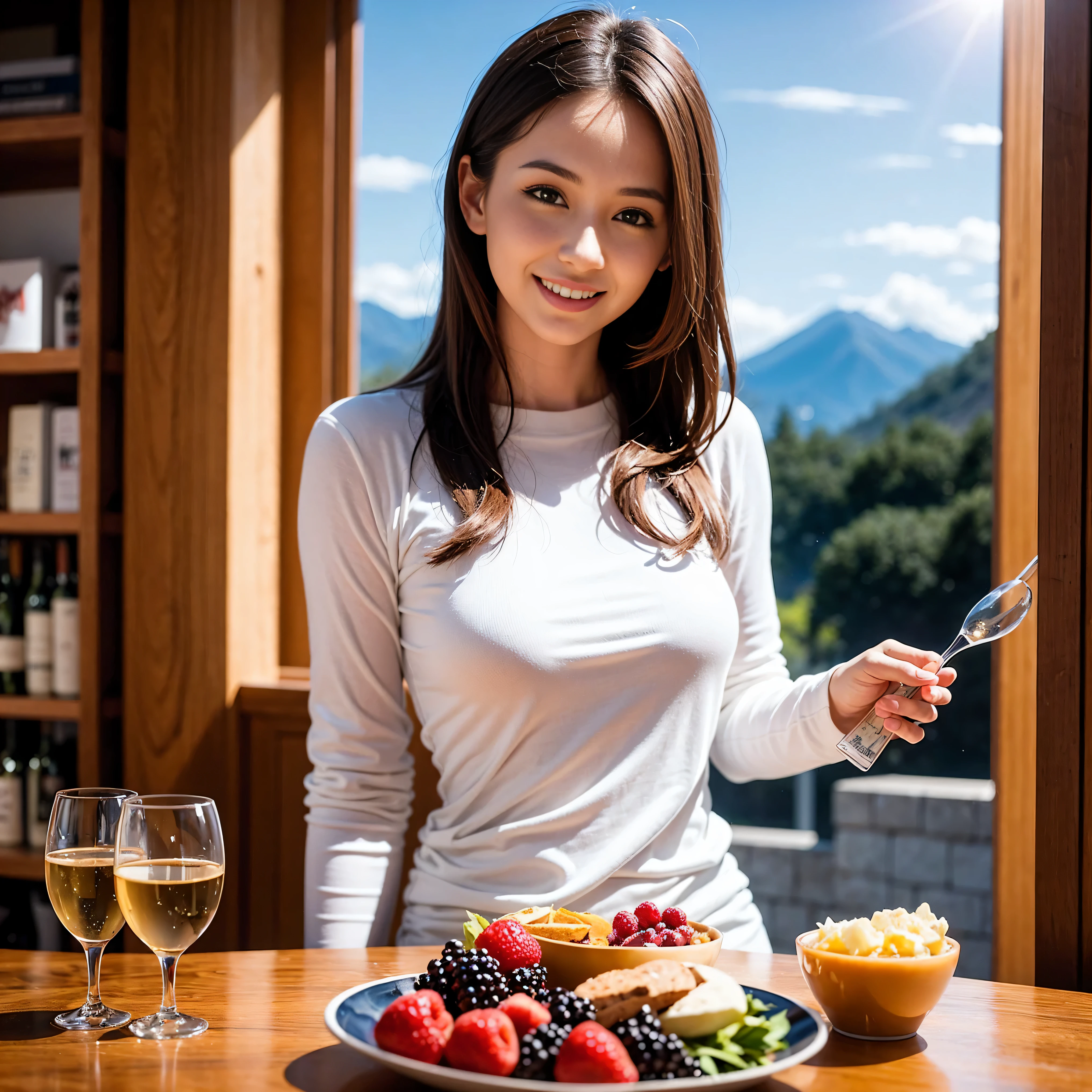 K, Hmm, highest quality, masterpiece: 1.2), (realistic, photorealistic: 1.37), Spectacular view of the sunset sky and clouds、Amazing mountain views、slimな美女3名, (slimフェイス),Happy、 最高なsmile、Fox face、Berry Short、(because I&#39;thin), (brown hair), (shortcut), long sleeve shirt、winter fashion、Colombian、Brazilian、Japanese、Dutch、German、Portuguese、Belgian、Italian、French,Champagne、sparkling wine、 (Squirting), (slimボティ), (brown hair), (shortcut), neat beauty、cheeks turn a little red, (35 years old), 38 years old, alone, A beautiful and detailed night view spreads out outside the window......., restaurant, wine glassが座っている, At night, in a prominent place (from the Upper body) nova frog style, actress, model, Upper body, White wine, slim, wine glass, Very beautiful night view, wine glass Put in the Middle, Happy smile, (smile: 1.15), 