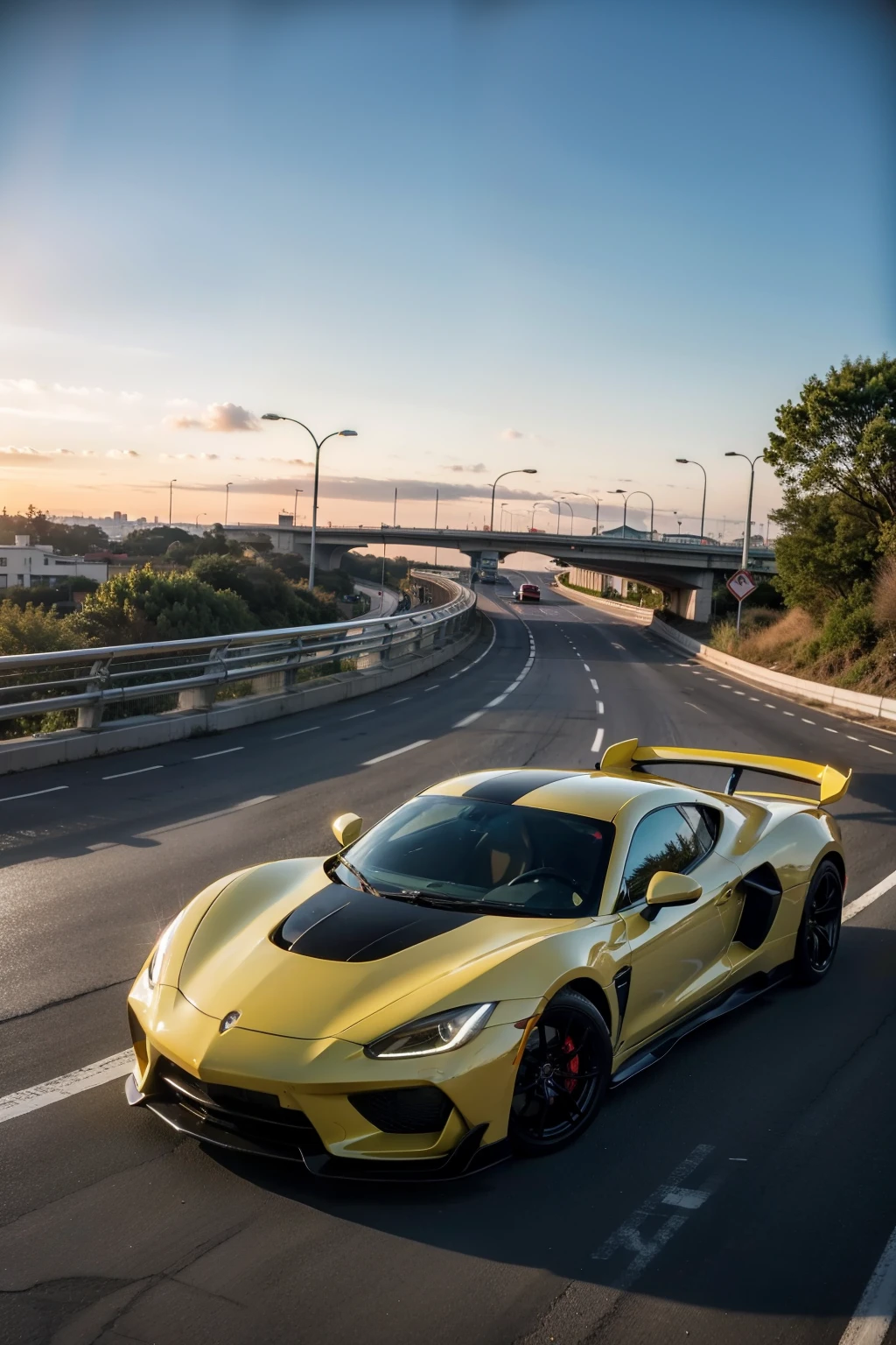 Surrealism, high detail, movie lighting, Ray tracing, perspective, aerial photography, ultra high definition, masterpiece, Sunset, 4K, best quality,sports car,Ring Expressway