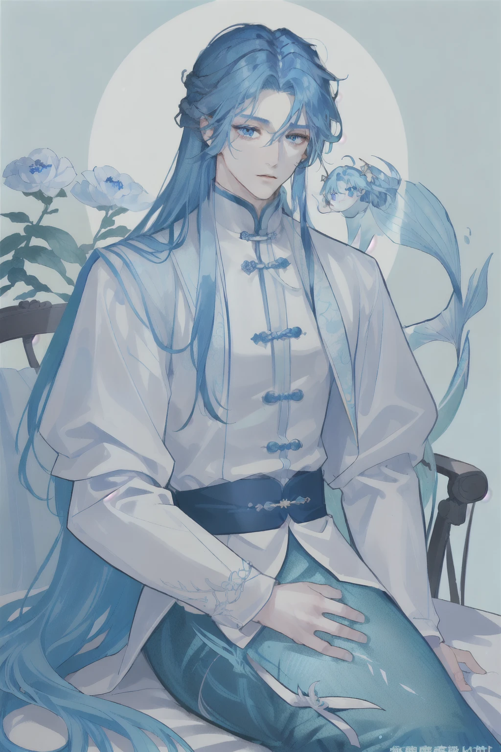 masterpiece, best quality, 1 male, aldult, Mature, Long blue hair,Liuhai Zhongfen,curls,mermaid,Blue skin,blue eyes