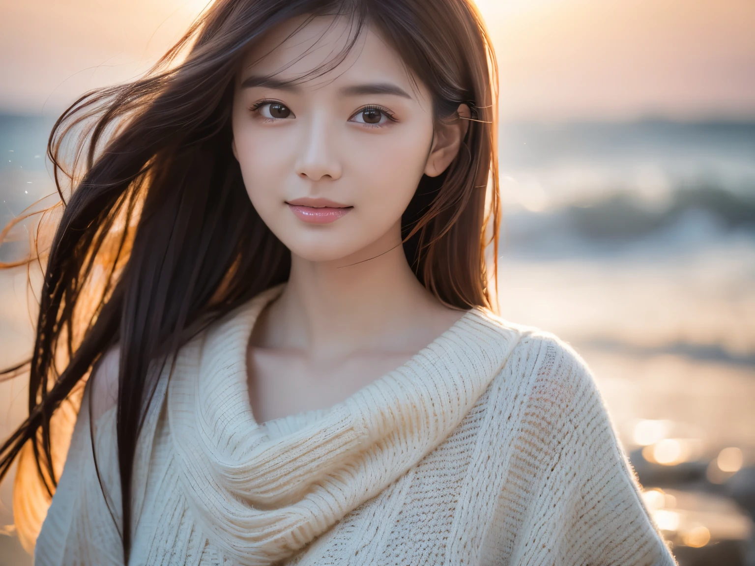 A breeze blows long hair、(knitwear)、(top-quality,masterpiece:1.3, Super high resolution), (ultra-detailliert,Caustics),(Photorealsitic:1.4,RAW shooting,)Ultra-realistic capture, A highly detailed, high-definition 16K for human skin、 Skin texture is natural、The skin looks healthy with an even tone、 Use natural light and color, One Woman, Japanese, kawaii, A dark-haired, Middle hair, (depth of fields、chromatic abberation、Wide range of lighting、Natural Shading)、(Hair swaying in the wind:1.2)、sunset beach