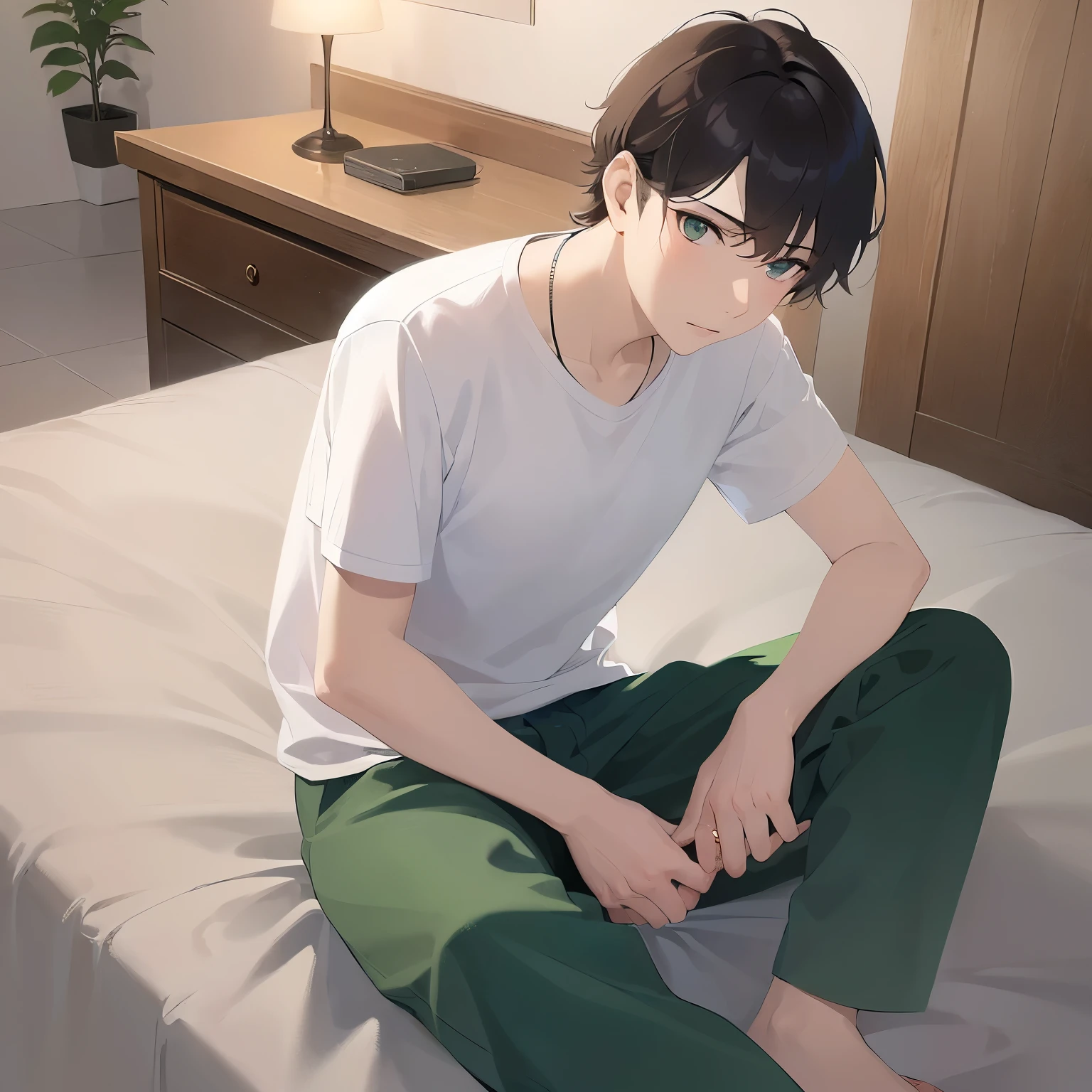 masterpiece、highest quality、(25 year old male:1.5) and (brown short hair) and (green eyes), wearing a plain white T-shirt、(sad:1.2), Are standing、The background is inside a hotel room at night.、(Alone:1.5)、Upper body is shown、Sitting on the edge of the bed、