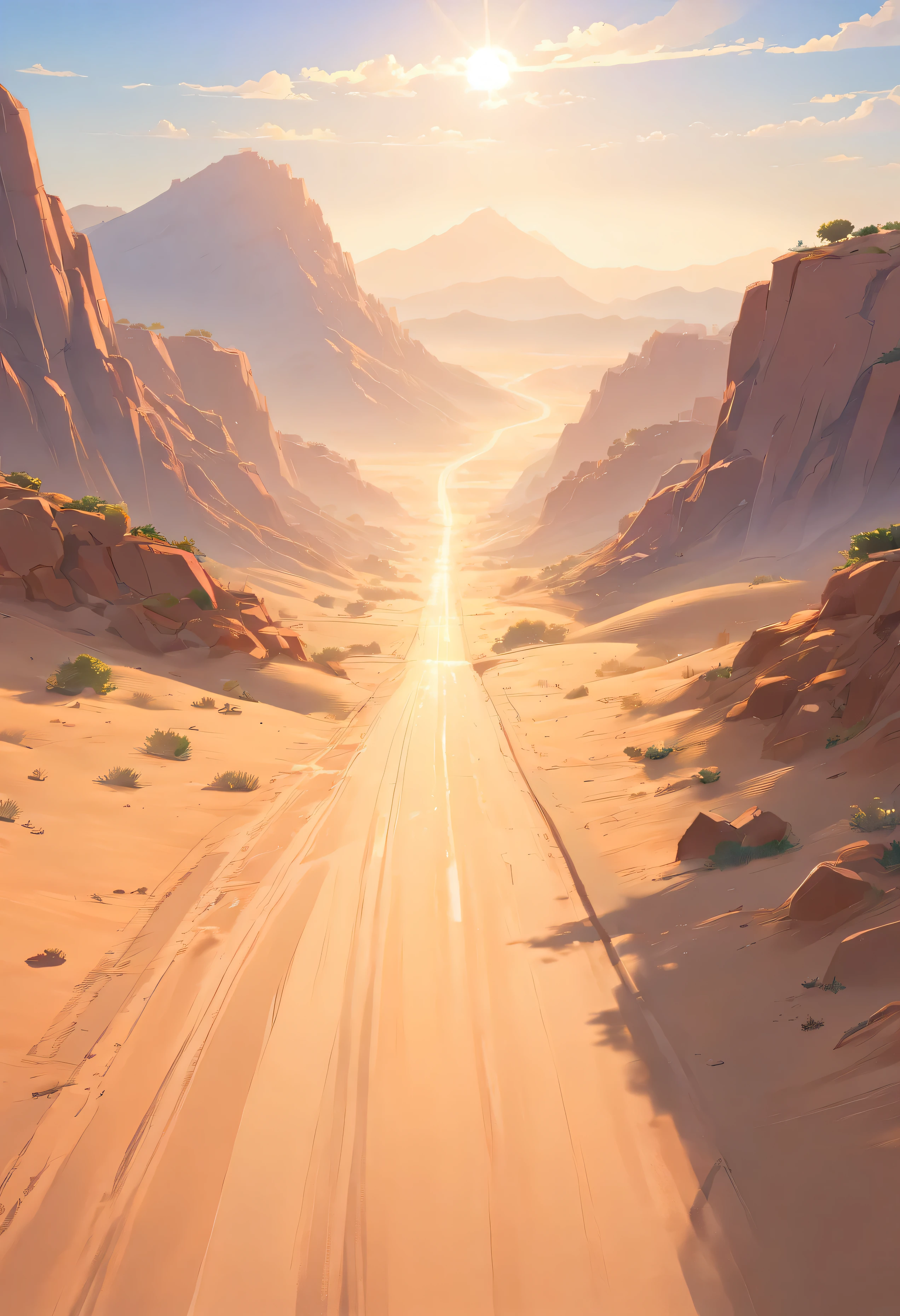 Create a Disney-style 3D illustration of a dusty road in the Judean desert where the incident occurred. Emphasize realism and attention to detail in the environment, incluindo a textura da estrada empoeirada, a paisagem do deserto, and the soft illumination of the sun. Make the scene look immersive and inviting on a mountain , com o bom samaritano, avistando uma cidade