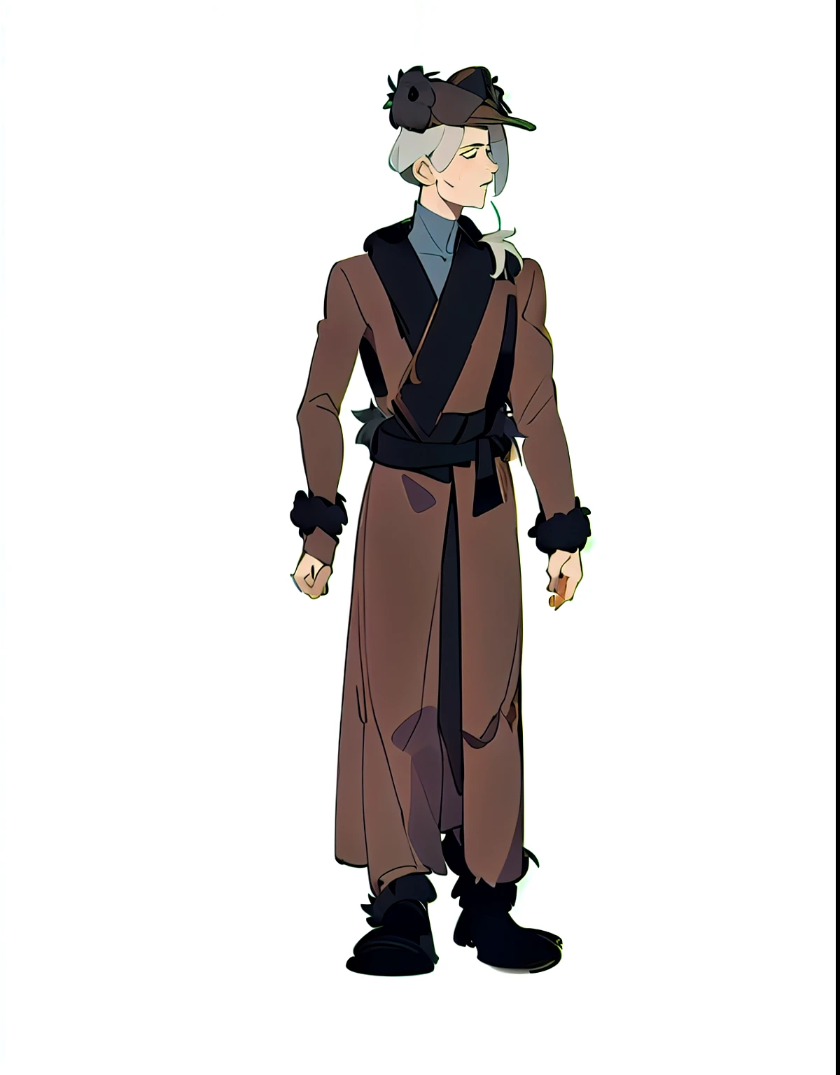 (masterpiece, Best quality),1 man, full length, gray hair, On his head is a hat, long fur coat, black belt, black boots