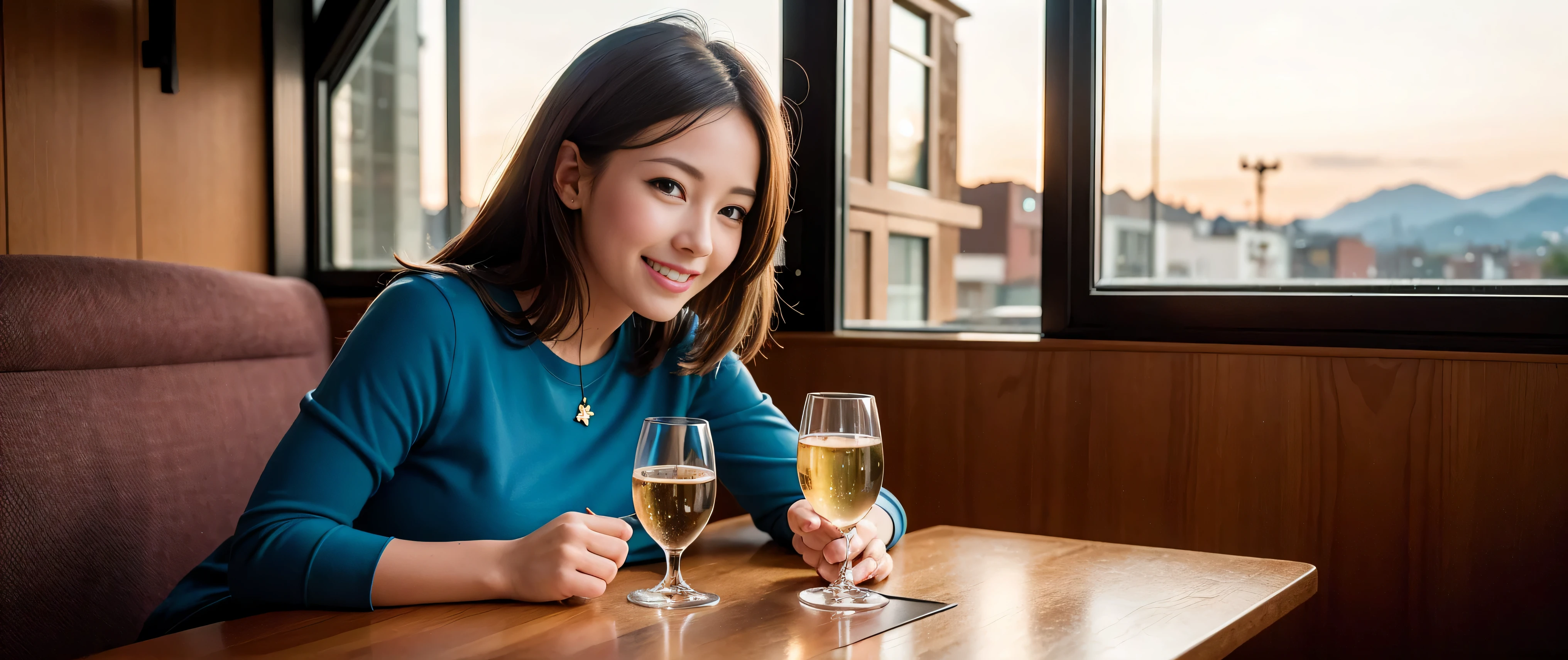 K, Hmm, highest quality, masterpiece: 1.2), (realistic, photorealistic: 1.37), Spectacular view of the sunset sky and clouds、Amazing mountain views、slimな美女3名, (slimフェイス),Happy、 最高なsmile、Fox face、Berry Short、(because I'thin), (brown hair), (shortcut), long sleeve shirt、winter fashion、Colombian、Brazilian、Japanese、Dutch、German、Portuguese、Belgian、Italian、French,Champagne、sparkling wine、 (Squirting), (slimボティ), (brown hair), (shortcut), neat beauty、cheeks turn a little red, (35 years old), 38 years old, alone, A beautiful and detailed night view spreads out outside the window......., restaurant, wine glassが座っている, At night, in a prominent place (from the Upper body) nova frog style, actress, model, Upper body, White wine, slim, wine glass, Very beautiful night view, wine glass Put in the Middle, Happy smile, (smile: 1.15),