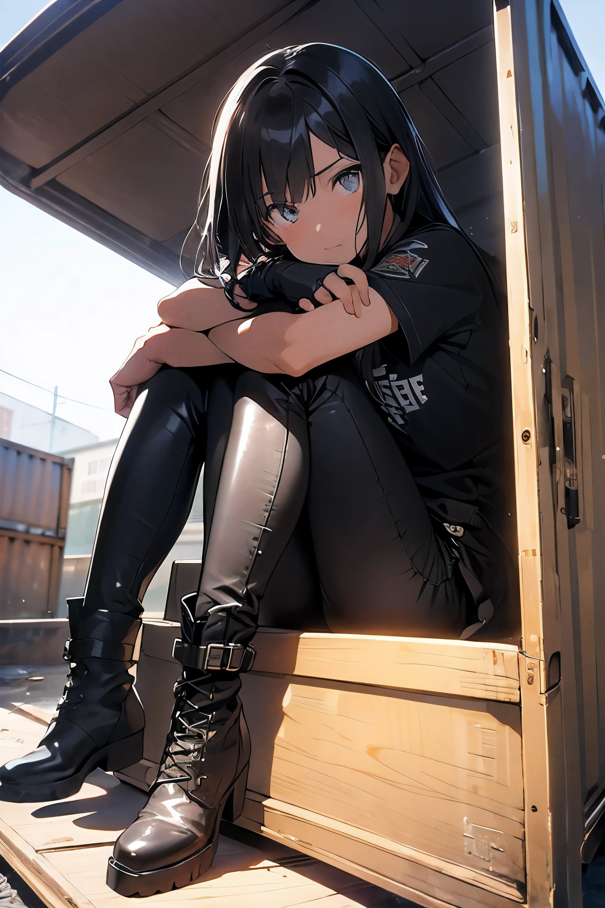 1 chica, espera, hidden inside a truck container, ventana tallada, sobreviviente, pantalones de cuero, botas negras de grado militar, manga corta, camiseta de seda, pelo largo, vacant land outside, ojos detallados