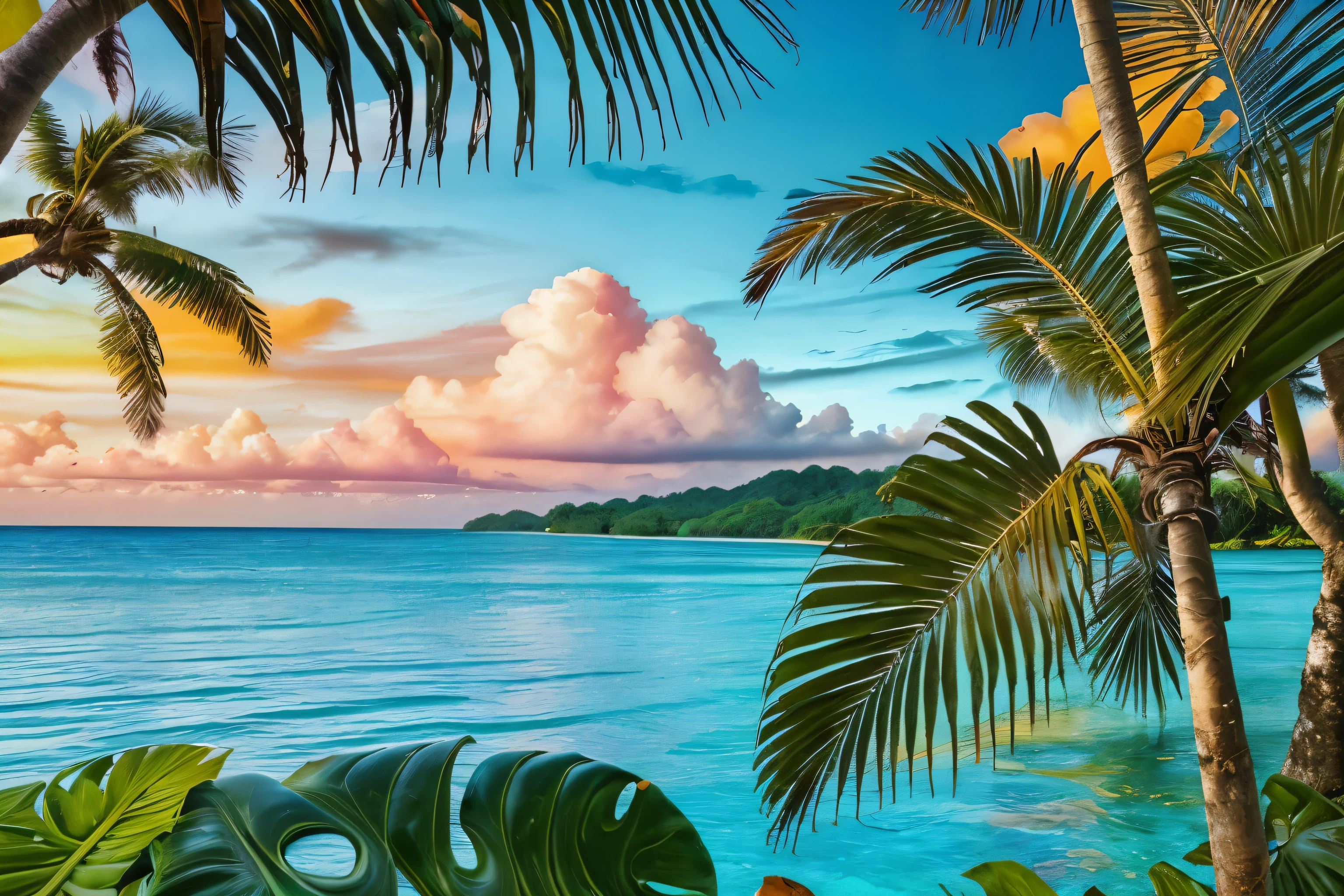 tropical background: Lush green scenery with brightness, tropical colors.