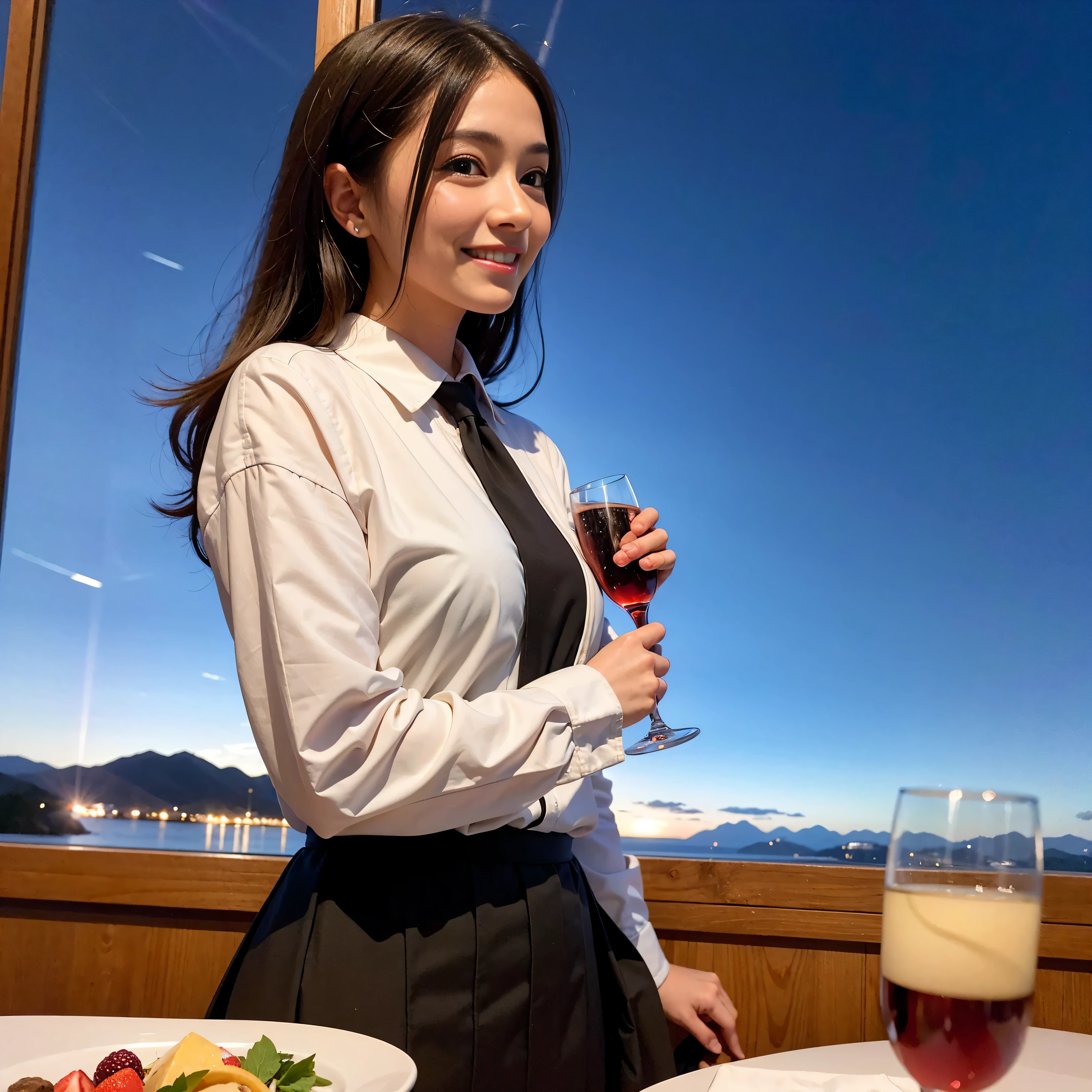 K, Hmm, highest quality, masterpiece: 1.2), (realistic, photorealistic: 1.37), Spectacular view of the sunset sky and clouds、Amazing mountain views、slimな美女3名, (slimフェイス),Happy、 最高なsmile、Fox face、Berry Short、(because I'thin), (brown hair), (shortcut), long sleeve shirt、winter fashion、Colombian、Brazilian、Japanese、Dutch、German、Portuguese、Belgian、Italian、French,Champagne、sparkling wine、 (Squirting), (slimボティ), (brown hair), (shortcut), neat beauty、cheeks turn a little red, (35 years old), 38 years old, alone, A beautiful and detailed night view spreads out outside the window......., restaurant, wine glassが座っている, At night, in a prominent place (from the Upper body) nova frog style, actress, model, Upper body, White wine, slim, wine glass, Very beautiful night view, wine glass Put in the Middle, Happy smile, (smile: 1.15),