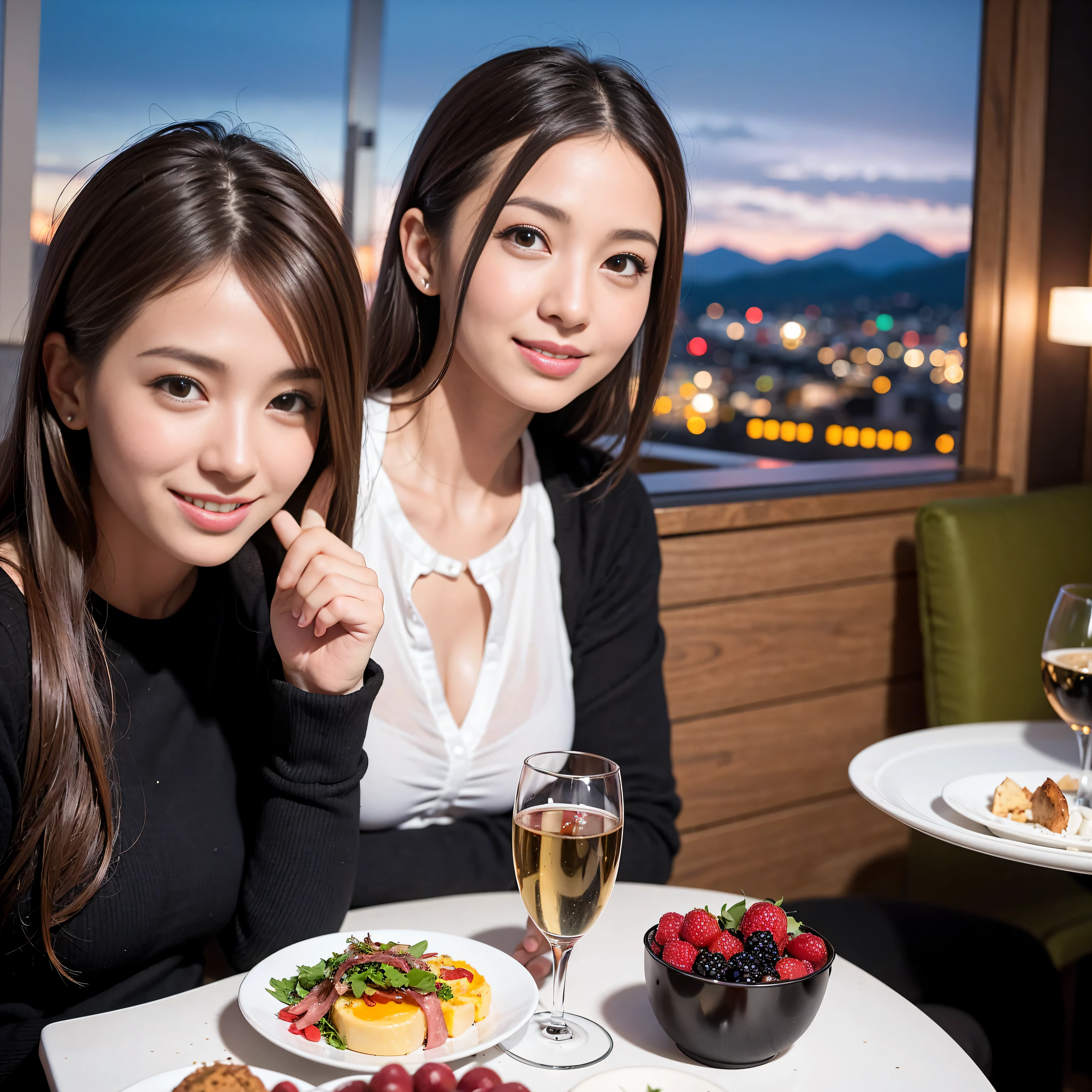 K, Hmm, highest quality, masterpiece: 1.2), (realistic, photorealistic: 1.37), Spectacular view of the sunset sky and clouds、Amazing mountain views、slimな美女3名, (slimフェイス),Happy、 最高なsmile、Fox face、Berry Short、(because I'thin), (brown hair), (shortcut), long sleeve shirt、winter fashion、Colombian、Brazilian、Japanese、Dutch、German、Portuguese、Belgian、Italian、French,Champagne、sparkling wine、 (Squirting), (slimボティ), (brown hair), (shortcut), neat beauty、cheeks turn a little red, (35 years old), 38 years old, alone, A beautiful and detailed night view spreads out outside the window......., restaurant, wine glassが座っている, At night, in a prominent place (from the Upper body) nova frog style, actress, model, Upper body, White wine, slim, wine glass, Very beautiful night view, wine glass Put in the Middle, Happy smile, (smile: 1.15),