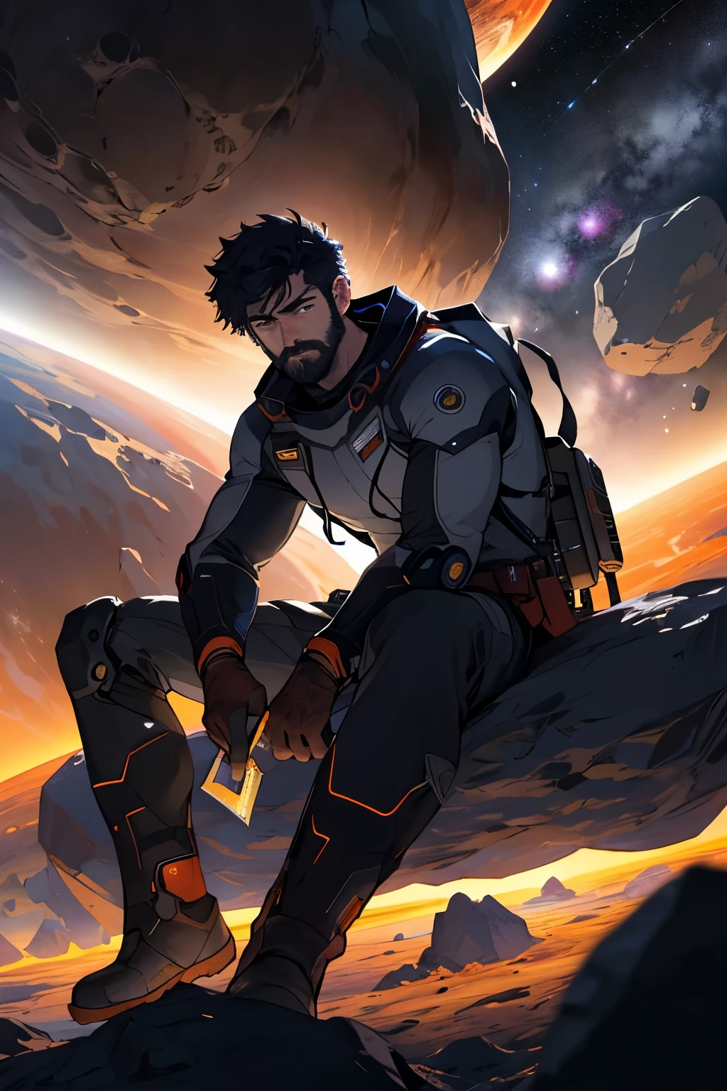 Draw a young programmer, sitting on a research platform floating in the middle of an asteroid belt. He is studying with a notebook, surrounded by several asteroids glowing with fiery auras. Dramatic lighting from distant stars and planets illuminates the scene, casting deep shadows on the suit. The young man looks confident and determined, looking at the vast and mysterious universe with wonder and respect,facial hair, cowboy shot,