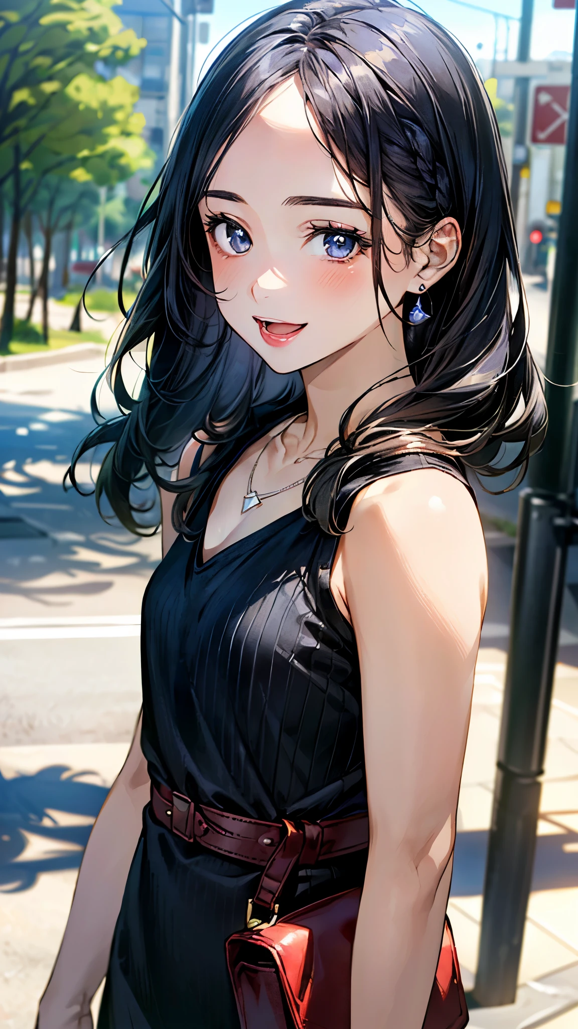 (masterpiece:1.3, top-quality, ultra high res, ultra detailed), (realistic, photorealistic:1.4), beautiful illustration, perfect lighting, natural lighting, colorful, depth of fields, 
beautiful detailed hair, beautiful detailed face, beautiful detailed eyes, beautiful clavicle, beautiful body, beautiful chest, beautiful thigh, beautiful legs, beautiful fingers, 
looking at viewer, (face focus, upper body), 1 girl, japanese, high school girl, perfect face, (perfect anatomy, anatomically correct), cute and symmetrical face, babyface, , shiny skin, 
(long hair:1.7, straight hair:1.0, dark blue hair), ((parted bangs, forehead)), , blue eyes, slant eyes, long eye lasher, (medium breasts:1.6, tight butt, seductive thighs), slender, 
((black v-neck knit dress, black belt, garnet necklace)), black shoulder bag, brown middle braided boots, 
(beautiful scenery), morning, (downtown), walking, (seductive smile, open mouth small), 