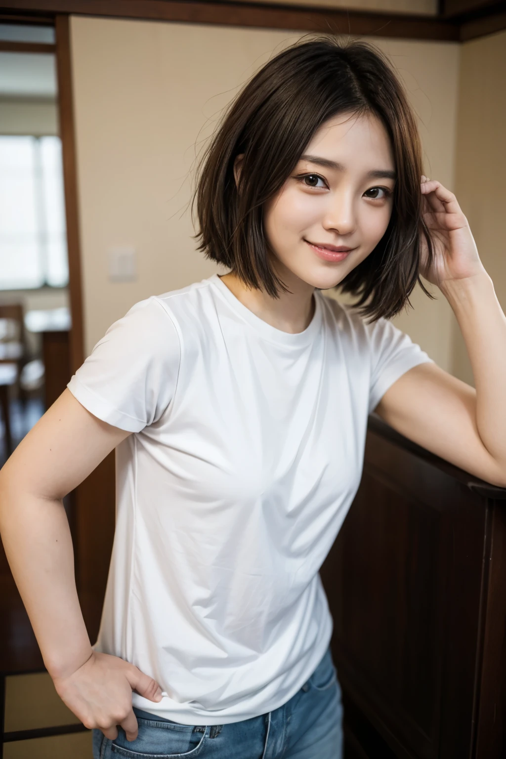 Japanese, woman, dark brown hair color、fashionable、smile、Short sleeve clothing, slightly tanned skin