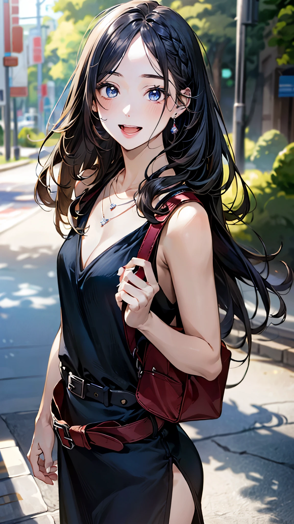 (masterpiece:1.3, top-quality, ultra high res, ultra detailed), (realistic, photorealistic:1.4), beautiful illustration, perfect lighting, natural lighting, colorful, depth of fields, 
beautiful detailed hair, beautiful detailed face, beautiful detailed eyes, beautiful clavicle, beautiful body, beautiful chest, beautiful thigh, beautiful legs, beautiful fingers, 
looking at viewer, (face focus, upper body), 1 girl, japanese, high school girl, perfect face, (perfect anatomy, anatomically correct), cute and symmetrical face, babyface, , shiny skin, 
(long hair:1.7, straight hair:1.0, dark blue hair), ((parted bangs, forehead)), , blue eyes, slant eyes, long eye lasher, (medium breasts:1.6, tight butt, seductive thighs), slender, 
((black v-neck knit dress, black belt, garnet necklace)), black shoulder bag, brown middle braided boots, 
(beautiful scenery), morning, (downtown), walking, (seductive smile, open mouth small), 