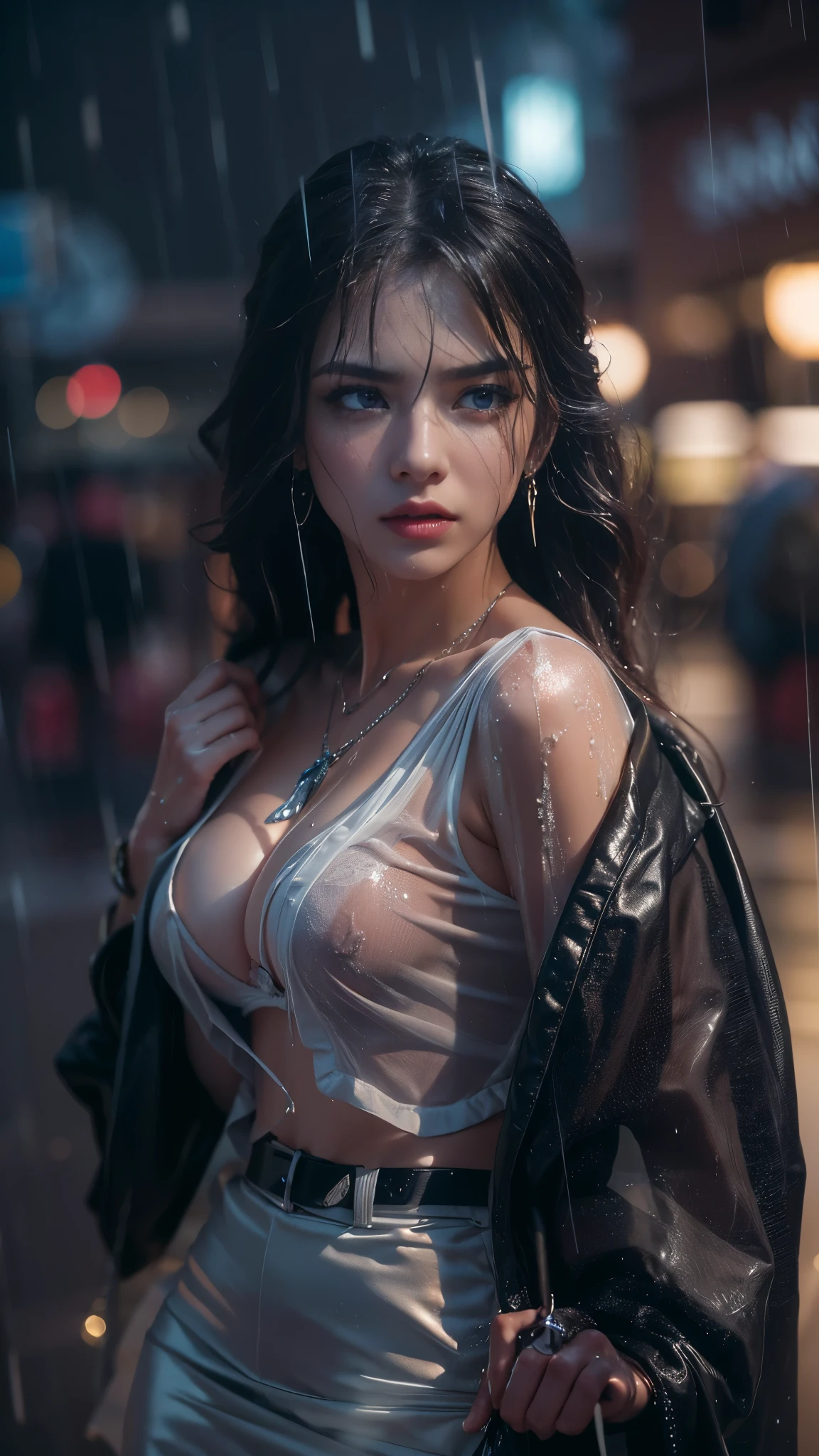 (RAW shooting, Photoreal:1.5, 8K, highest quality, masterpiece, ultra high resolution), perfect dynamic composition:1.2, Night street corner of a modern city, expression of sadness:0.5, (((Typhoon heavy rain))), Highly detailed skin and facial textures:1.2, Slim office lady wet in the rain:1.3, Fair skin, sexy beauty:1.1, perfect style:1.2, beautiful and aesthetic:1.1, very beautiful face, water droplets on the skin, (rain drips all over my body:1.2, wet body:1.2, wet hair:1.3, wet skirt:1.2, wet blouse:1.3), belt, (Medium chest, Bra is transparent, Chest gap), (cry, lovelorn, The expression on your face when you feel intense caress, Facial expression when feeling pleasure), (beautiful blue eyes, Eyes that feel beautiful eros:0.8), (Too erotic:0.9, Bewitching:0.9), cowboy shot, Shoulder bag, necklace, earrings, bracelet, clock